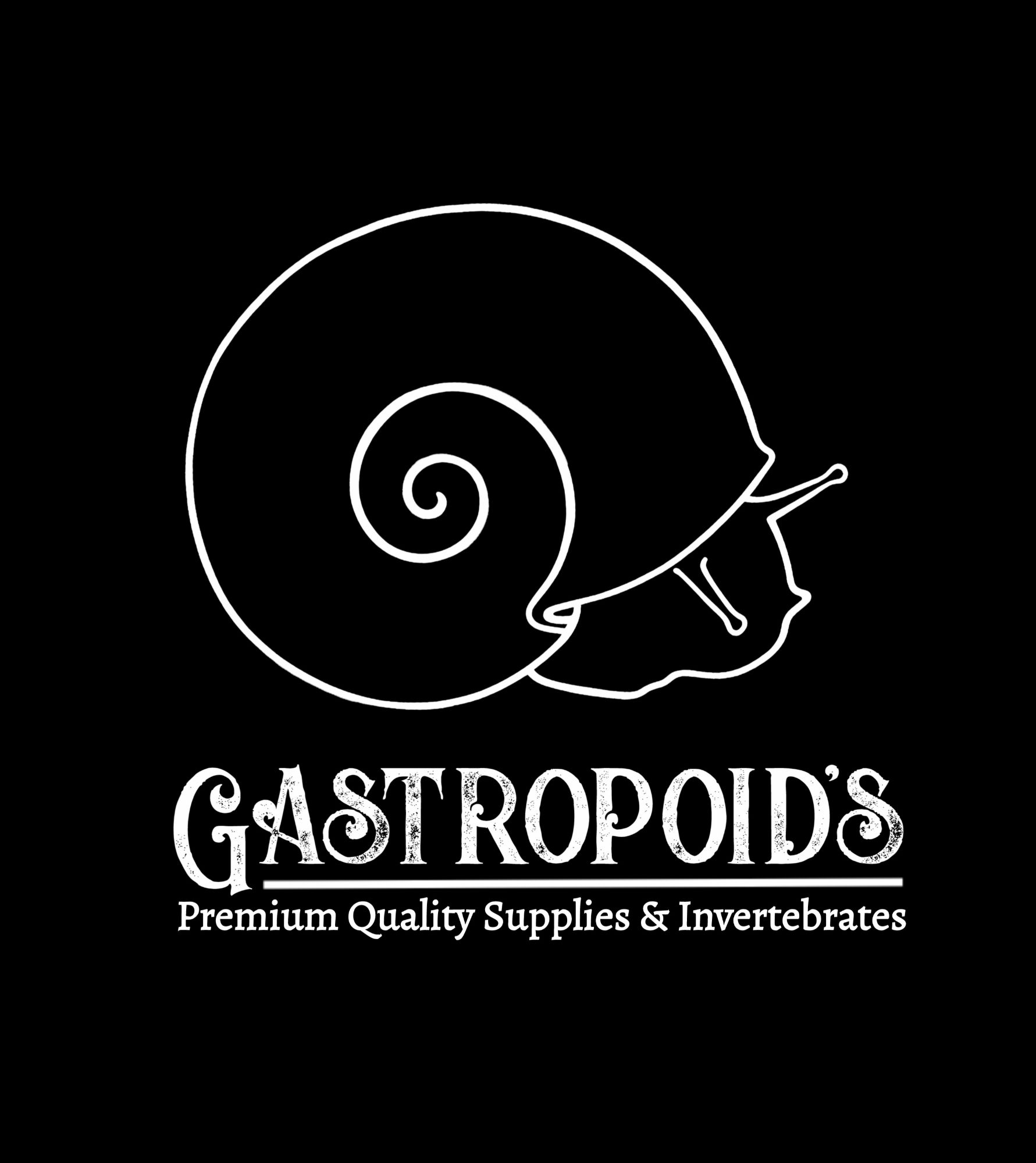 Lineart logo of a snail in white on black, with the text "Gastropoid's Premium Quality Supplies & Invertebrates"