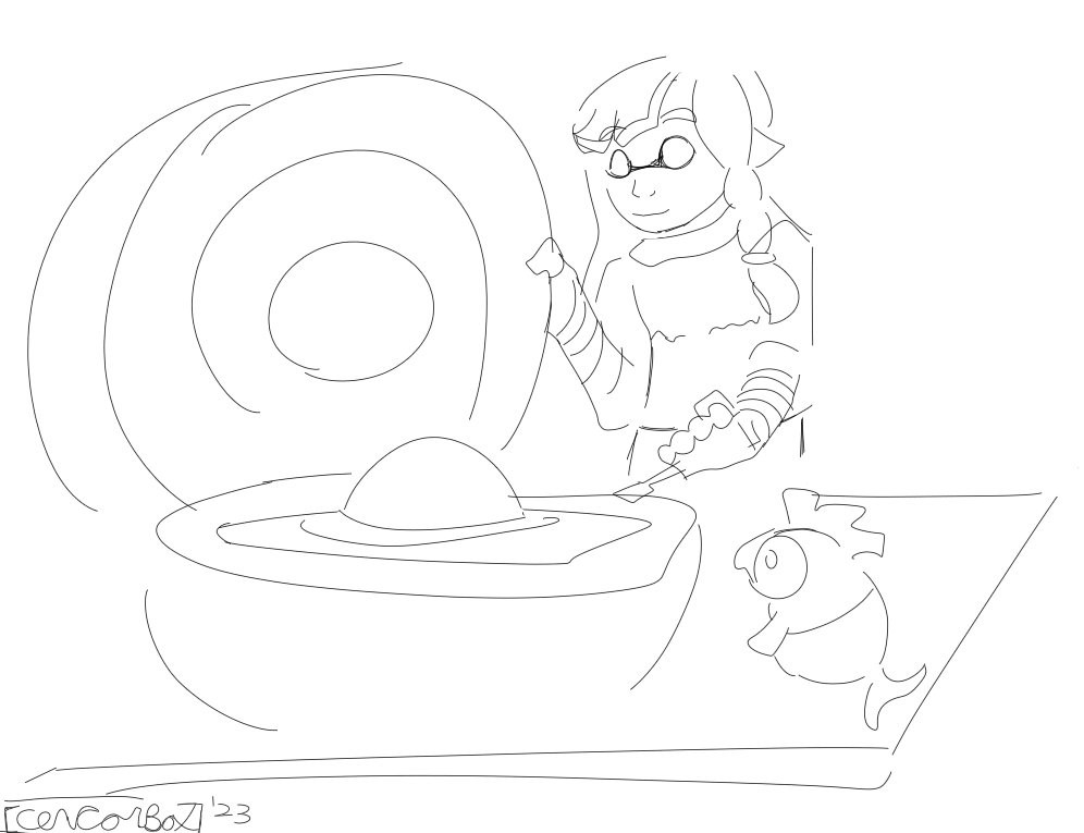 A black and white digital sketch of agent 3, a squid from Splatoon 3, and their salmonid (a large eyed, rotund fish with a mohawk and a tiny tail, about the size of a cat) standing at a table. There is a large sphere with many layers that is being held open by Agent 3's right hand. In their left, they hold a flathead screwdriver, placed at the edge of the large sphere. Inside of the opened sphere, there is a smaller one, which is housed inside the center, and visible to the viewer since the sphere encasing it has the top half open.