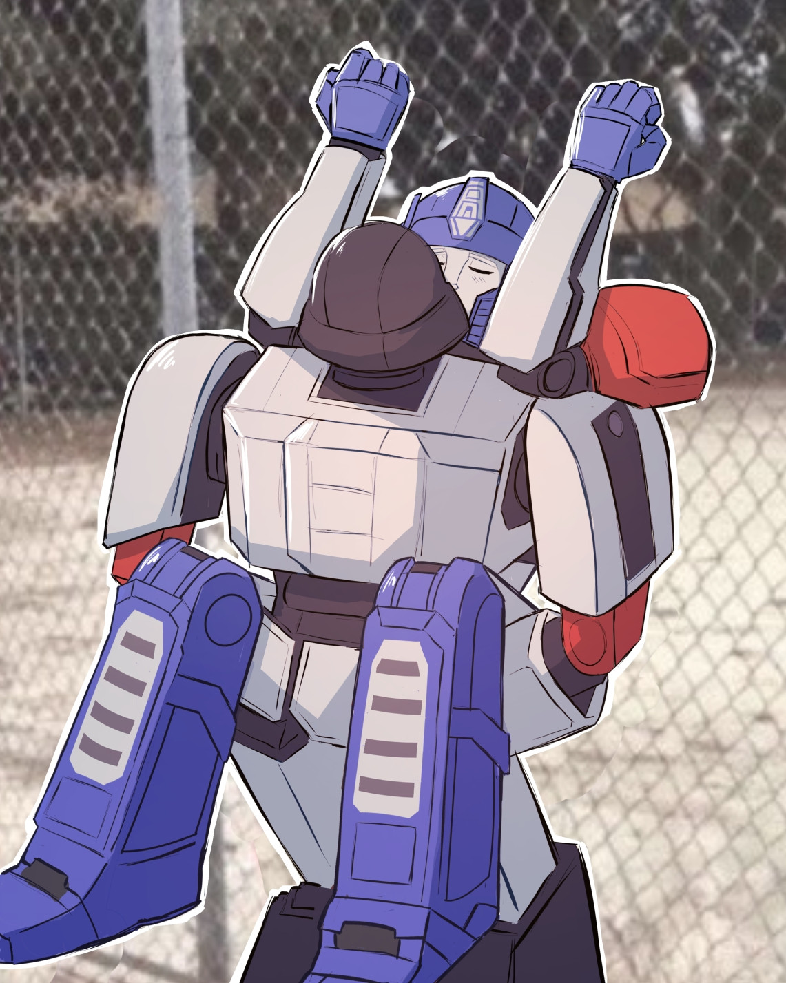 Transformers One characters D -16 and Orion kissing against a fence