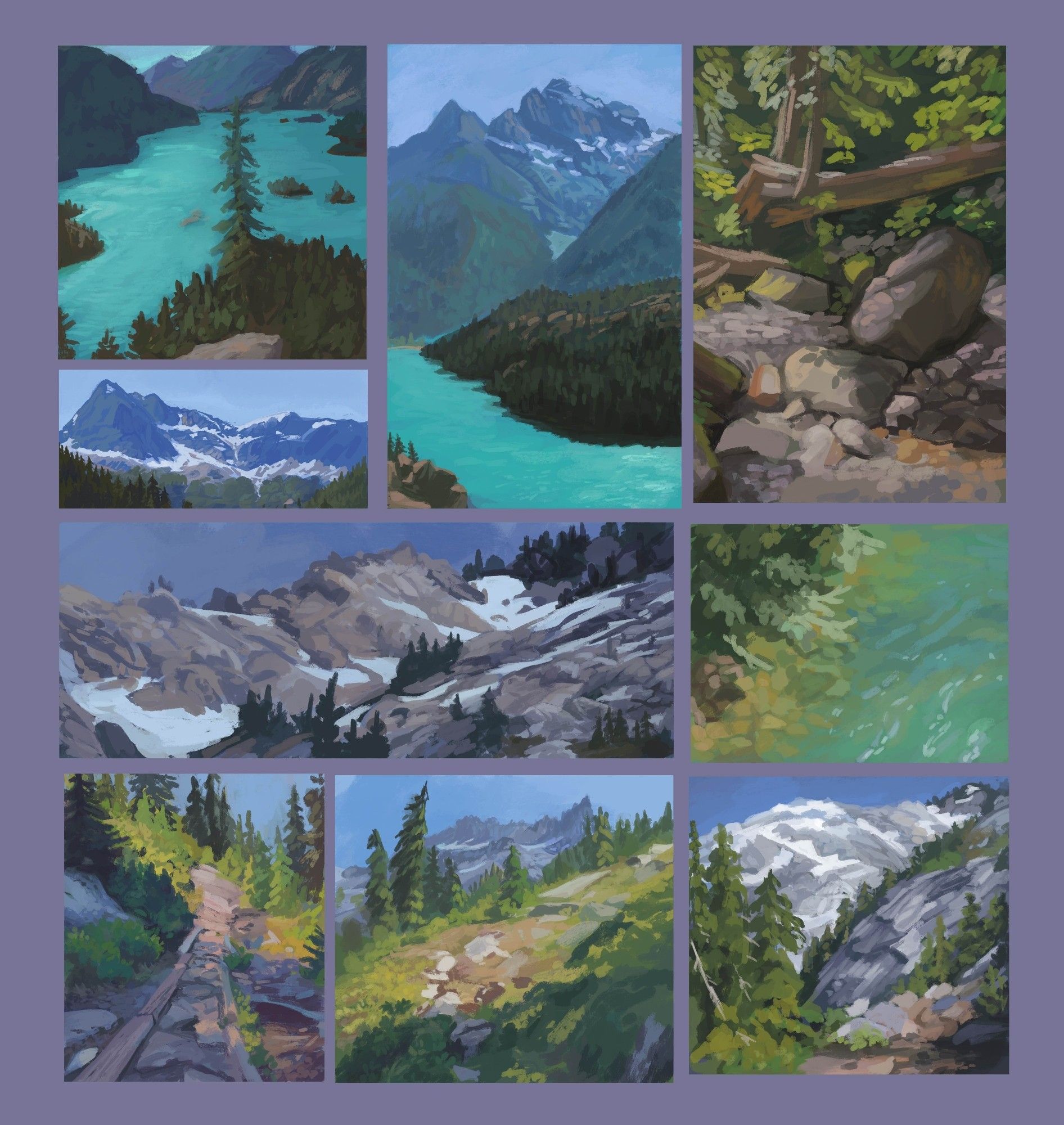 Paintings of various Pacific Northwest landscapes of mountain rocks and lakes littered with various evergreen trees