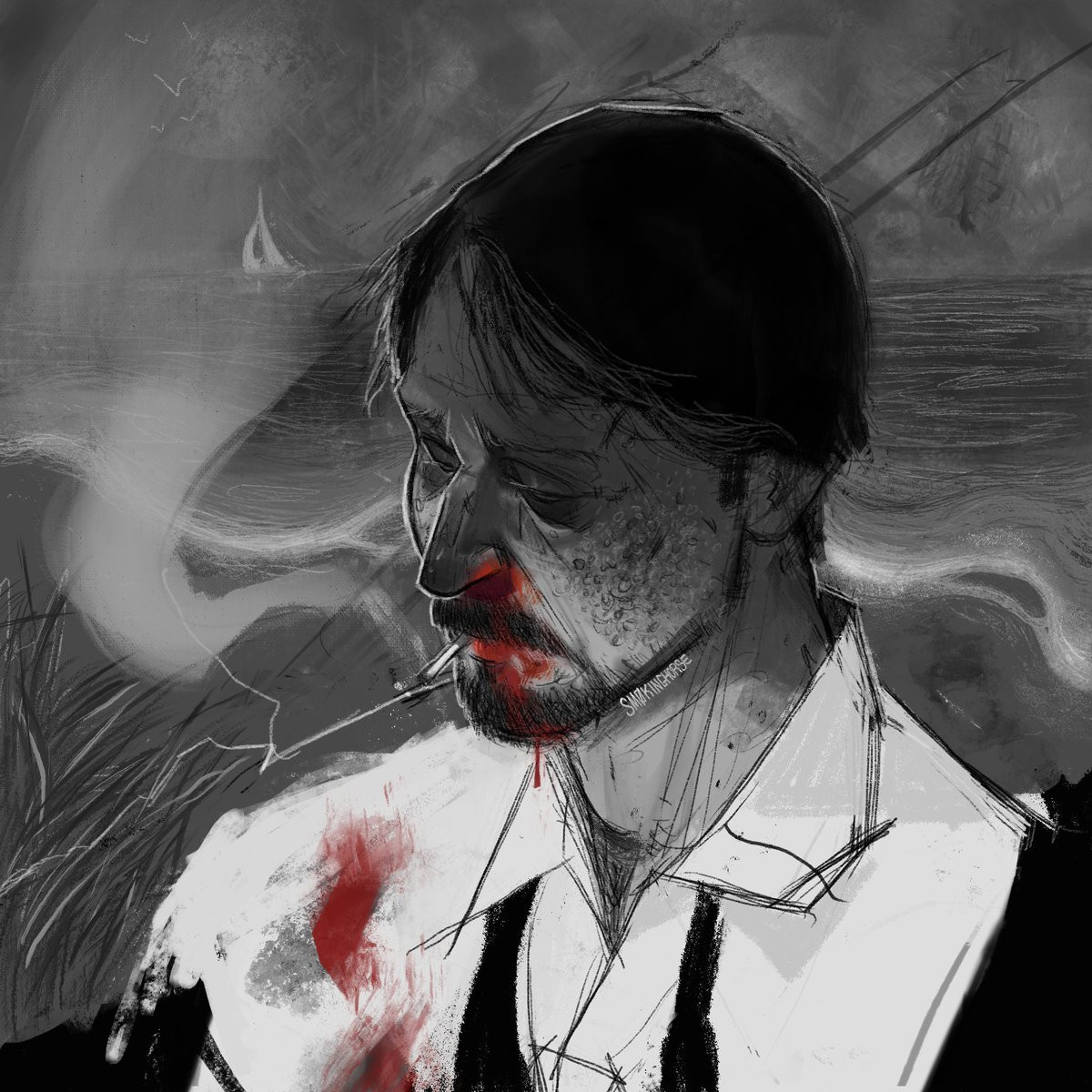 Greyscale portrait of Jean Vicquemare with the sea behind him. Blood is dripping from his nose and onto his shirt as he smokes a cigarette.