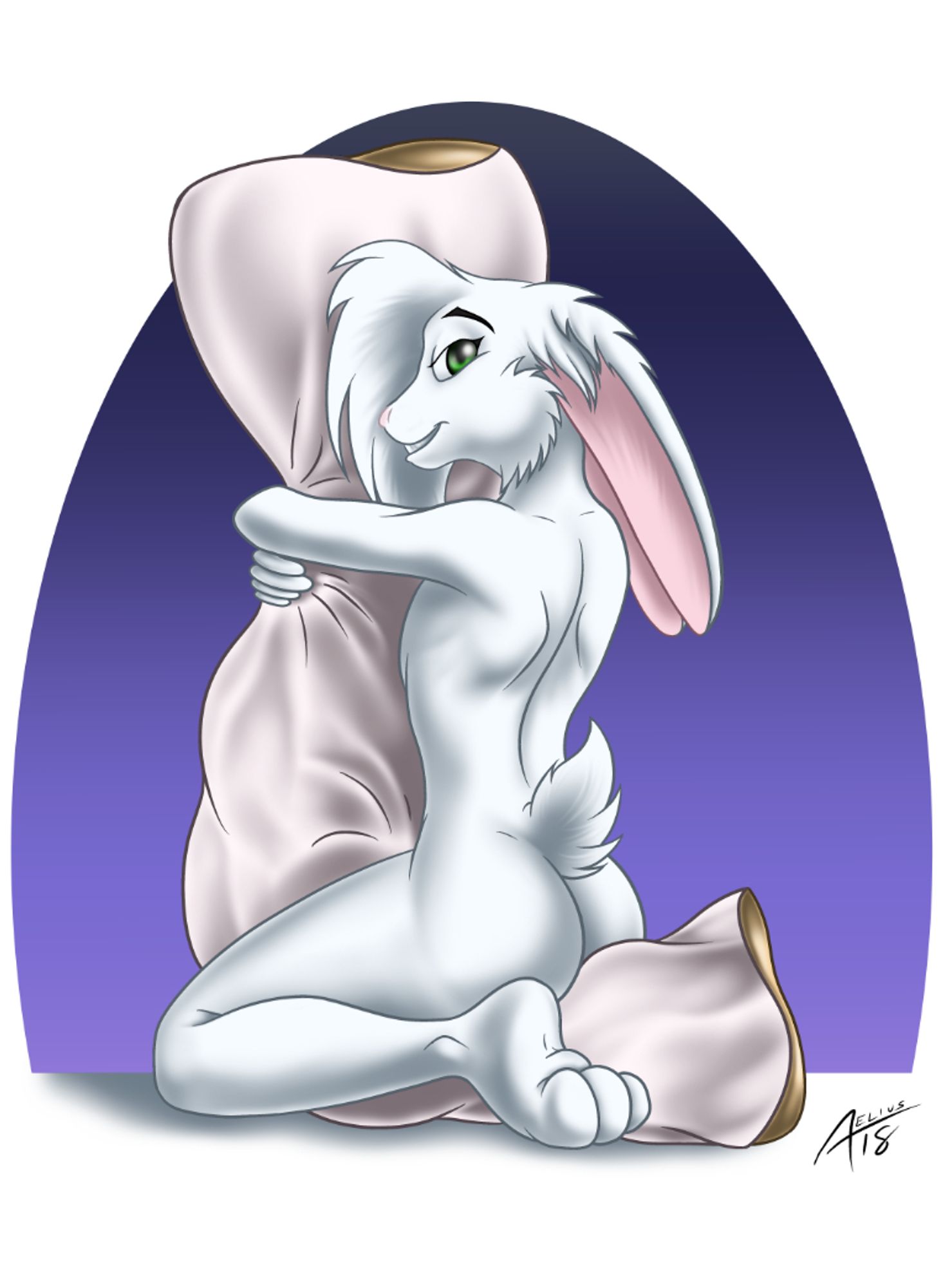 Lio the rabbit, teasingly cuddling a body pillow.