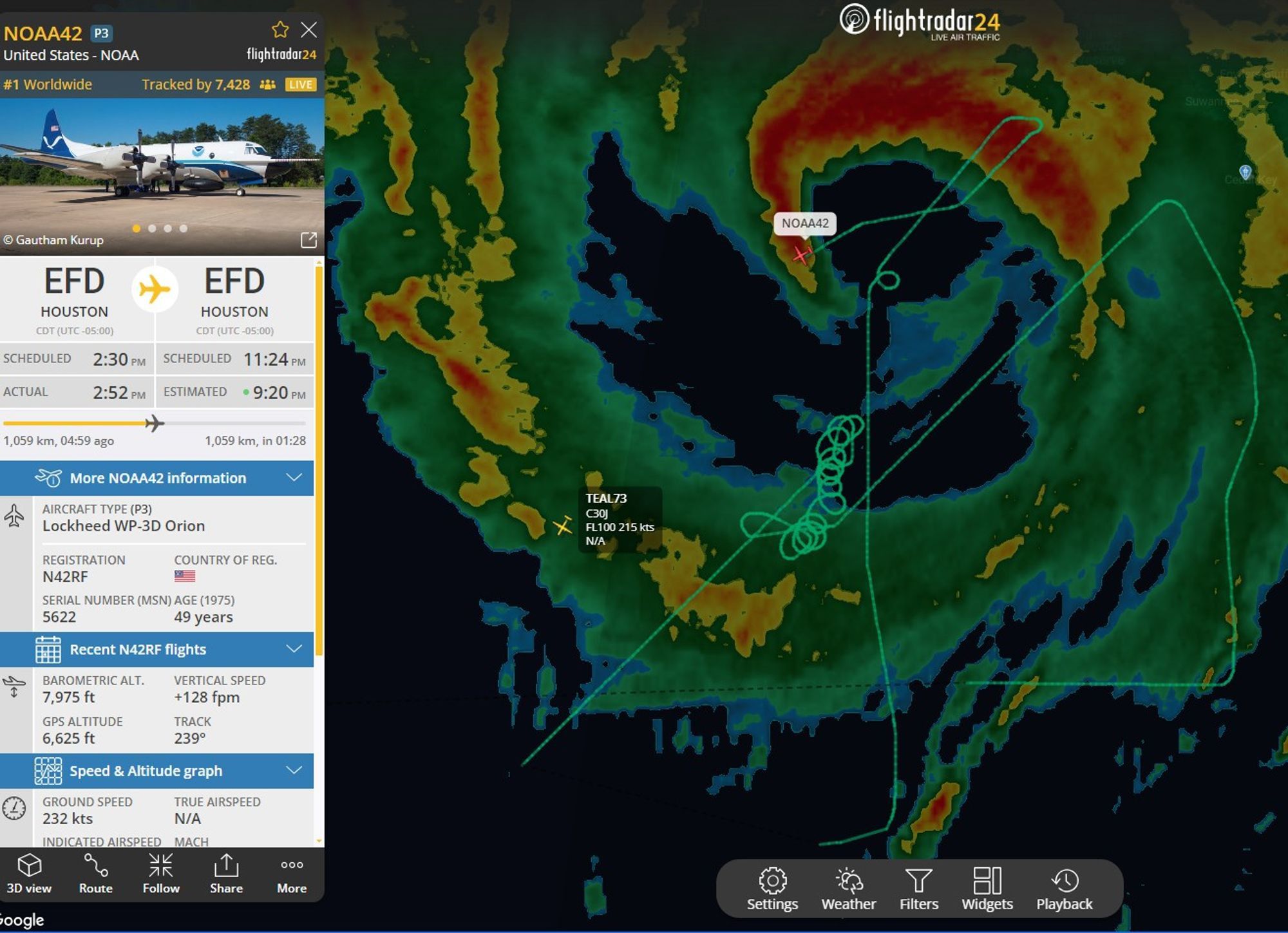 Flight Radar image of a hurricane hunter aircraft and its path through Hurricane Helene.