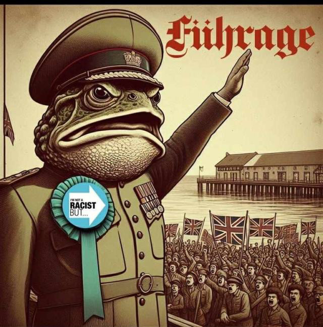 Caricature of Nigel Farage as a uniformed frog 'fuhrer' giving a Nazi salute to a crowd waving Union Jack flags. The caption is "Fuhrage".