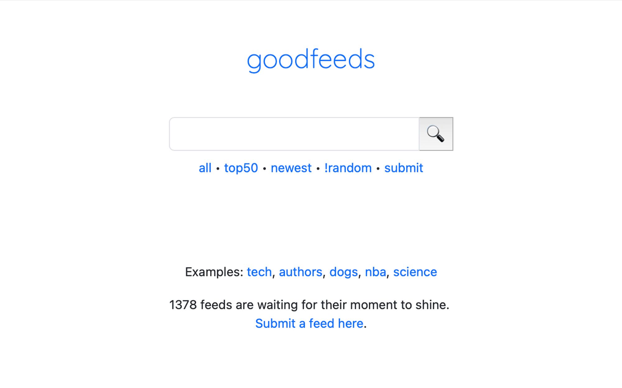 screenshot of goodfeeds.co showing 1378 feeds indexed