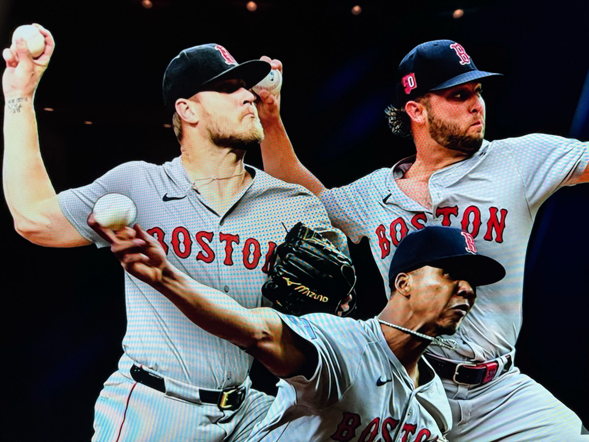 red sox pitchers tanner houck, kutter crawford, and brayan bello, all throwing baseballs