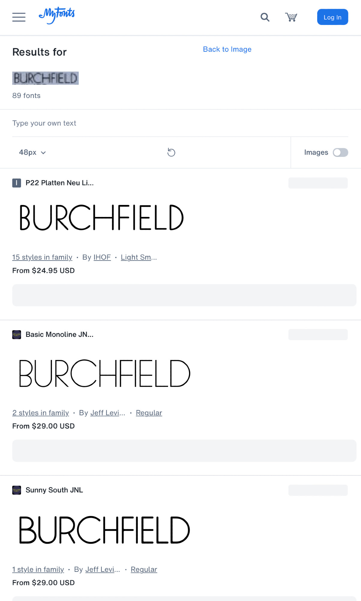 a screenshot of myfonts.com with font matches to the word "burchfield" from OP's original photo