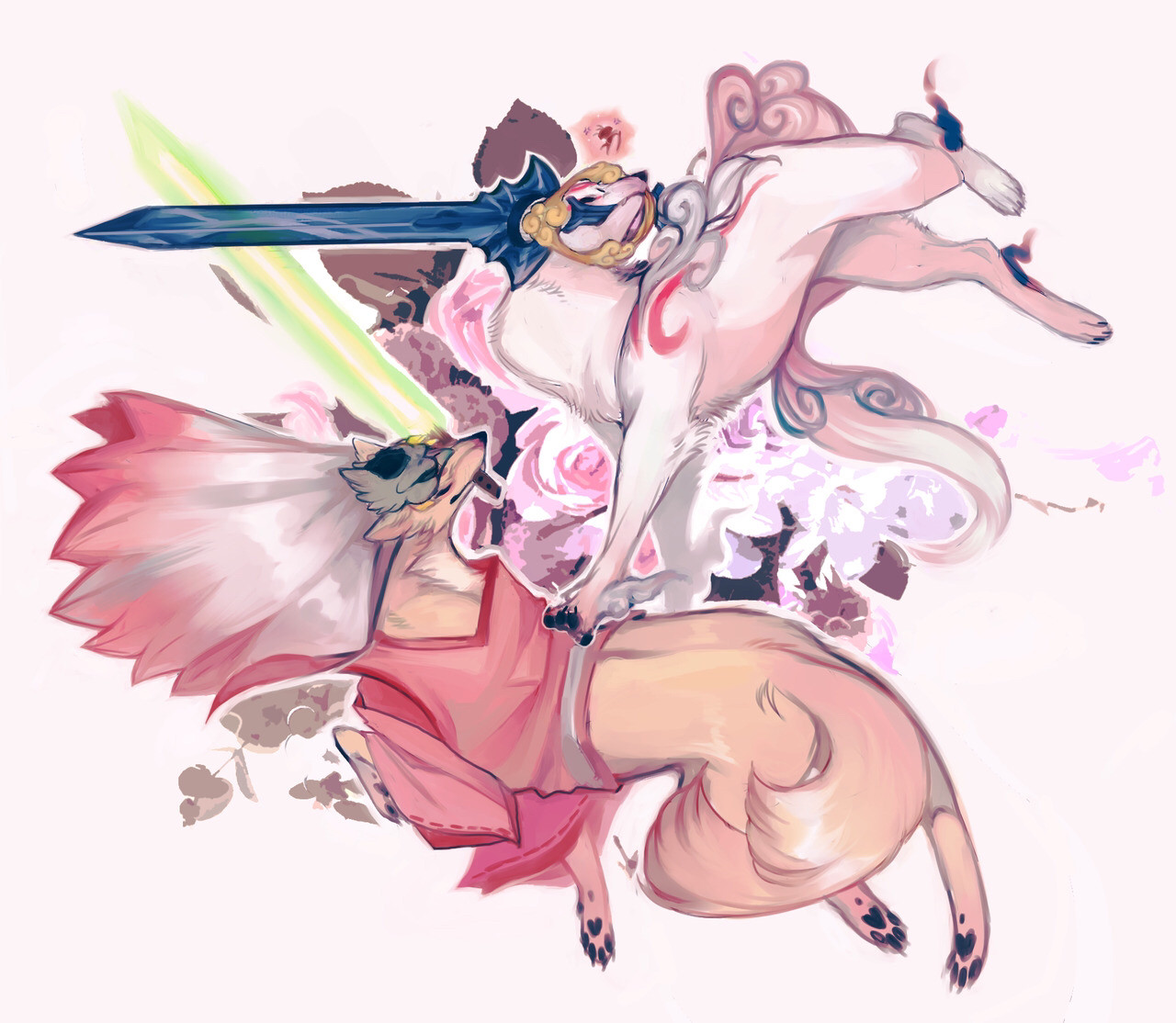 amaterasu and waka from the game okami, clashing swords; amaterasu is wielding the glaive tsumugari while waka wields his sword pillow talk. waka is a wolf in this image, with golden fur, while still retaining his shirt and helmet from his human form.