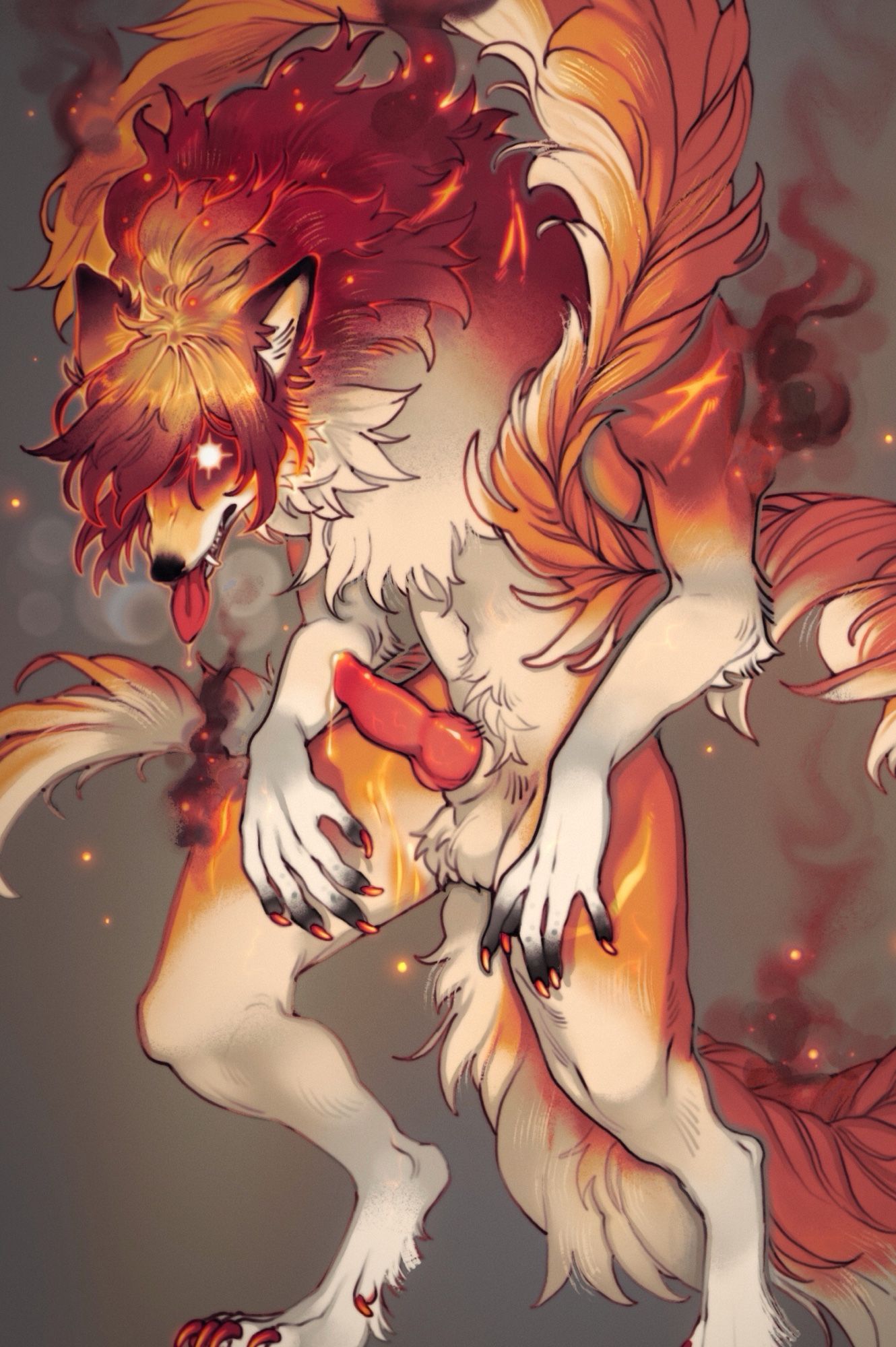 a red, orange, and gold coloured werewolf stands hunched over, smoky steam billowing from their fur. their cock leaks golden hued cum. 