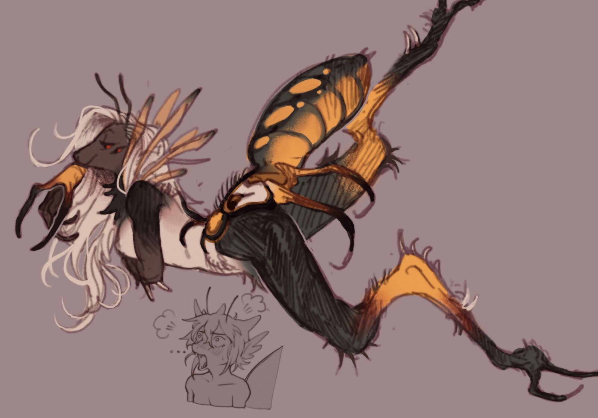 a lounging fairy who looks strikingly similar to a bat eating spider, especially her tail, complete with spider legs.