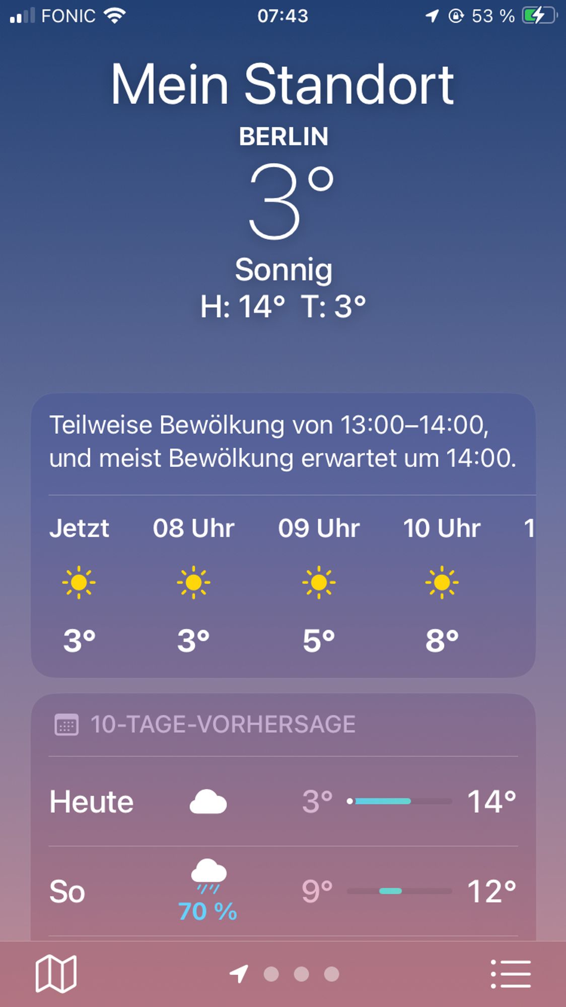 Screenshot Wetterinfo Berlin auf rosa- veilchenfarbenem Gund, Hauptansage 3 Grad Lufttemperatur. 