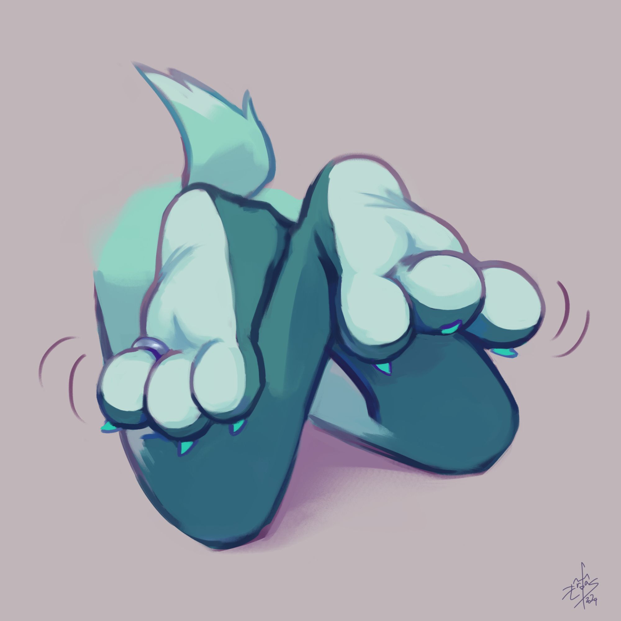 a teal mane wolf lounging while her three-toed paws wiggle. #erofasart