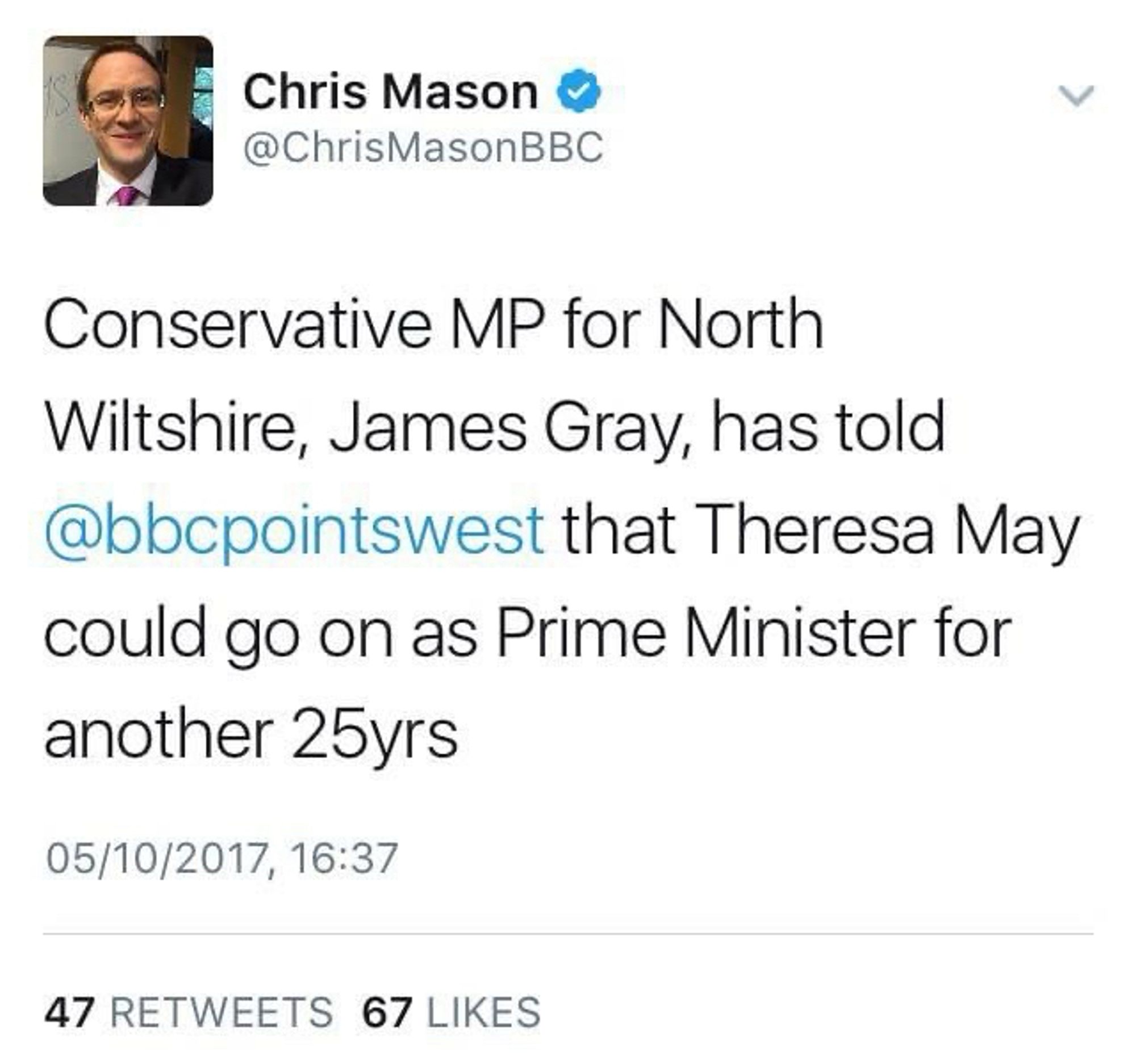 Tweet from Chris Mason, BBC: Conservative MP for North Wiltshire, James Gray, has told @bbcpointswest that Theresa May could go on as Prime Minister for another 25yrs
05/10/2017