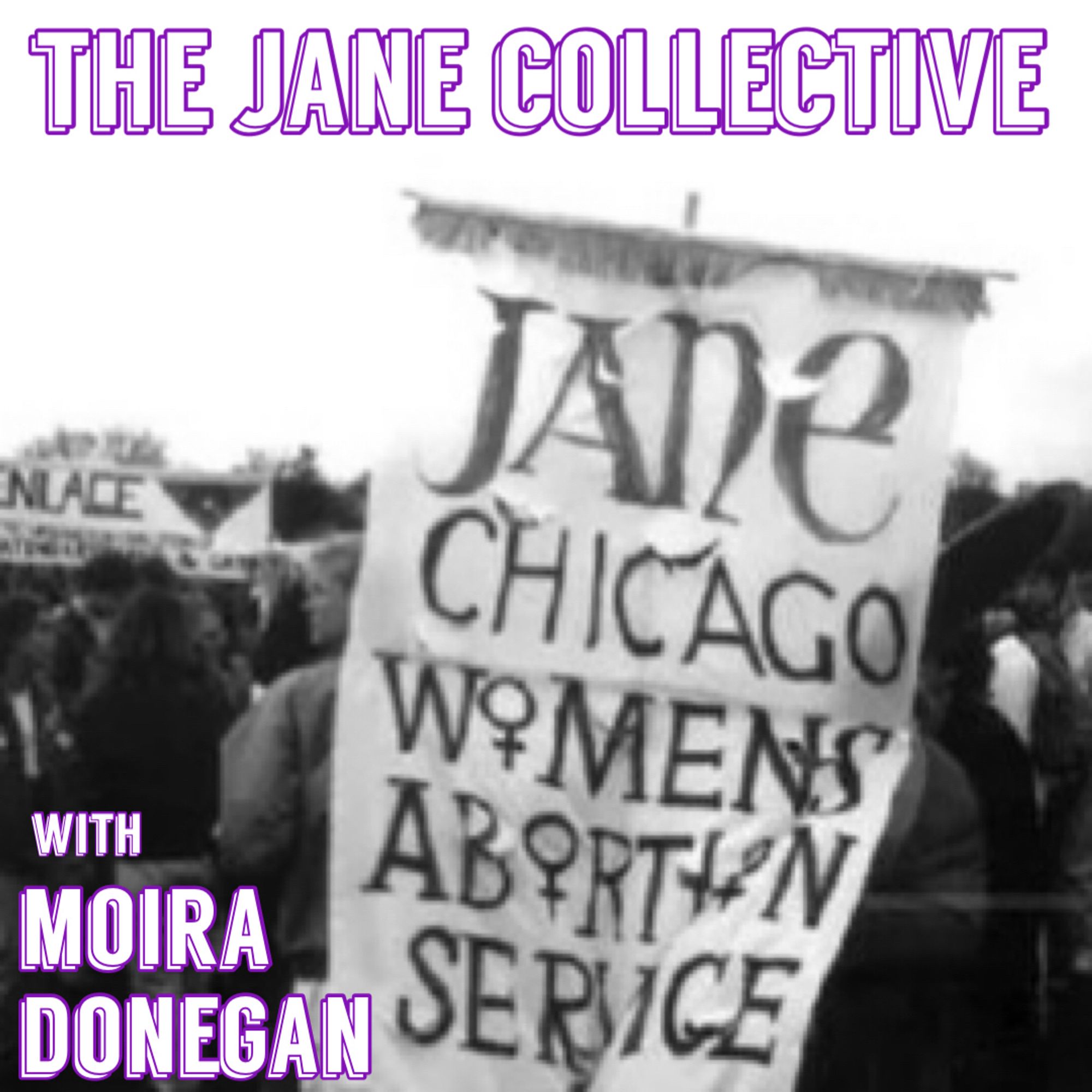 Photo shows sign at protest that reads JANE CHICAGO WOMENS ABORTION SERVICE and The Jane Collective with Moira Donegan