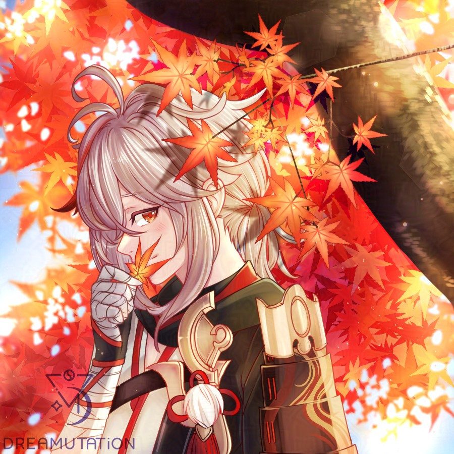 Kaedehara Kazuha from Genshin Impact beneath a red maple tree.