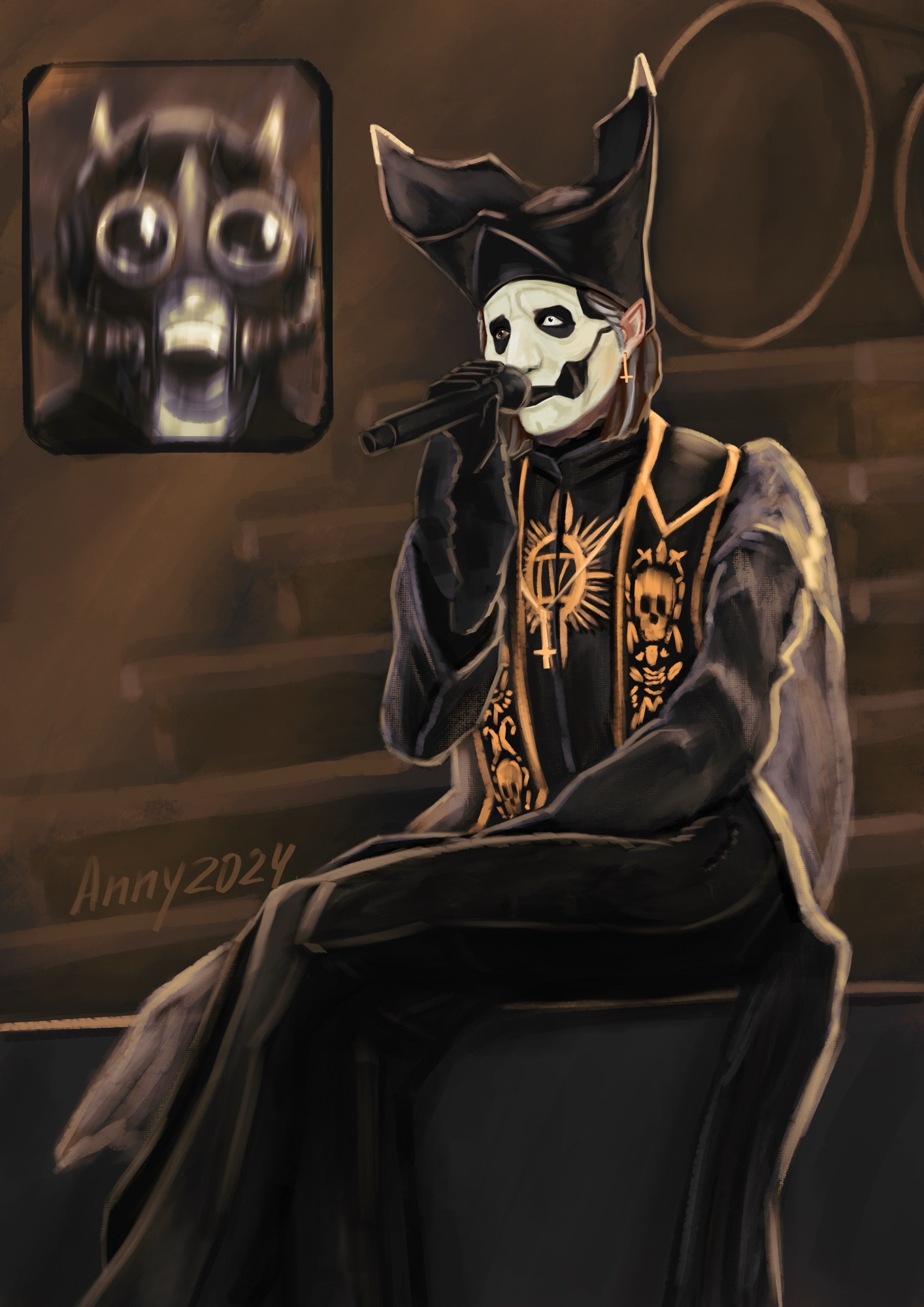 A redraw of the quoted post as papa emeritus iv and an era V ghoul. Papa is sitting on the edge of the stage dressed in black gown and cornette, one leg crossed over the other and singing. The ghoul is in the smaller window, freaking out.  The stage set up can be seen behind papa. Signed anny 2024