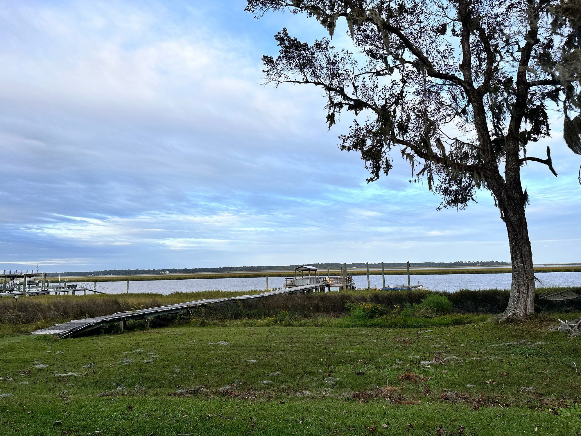 Green grass in foreground with boat dock on a slough in the background