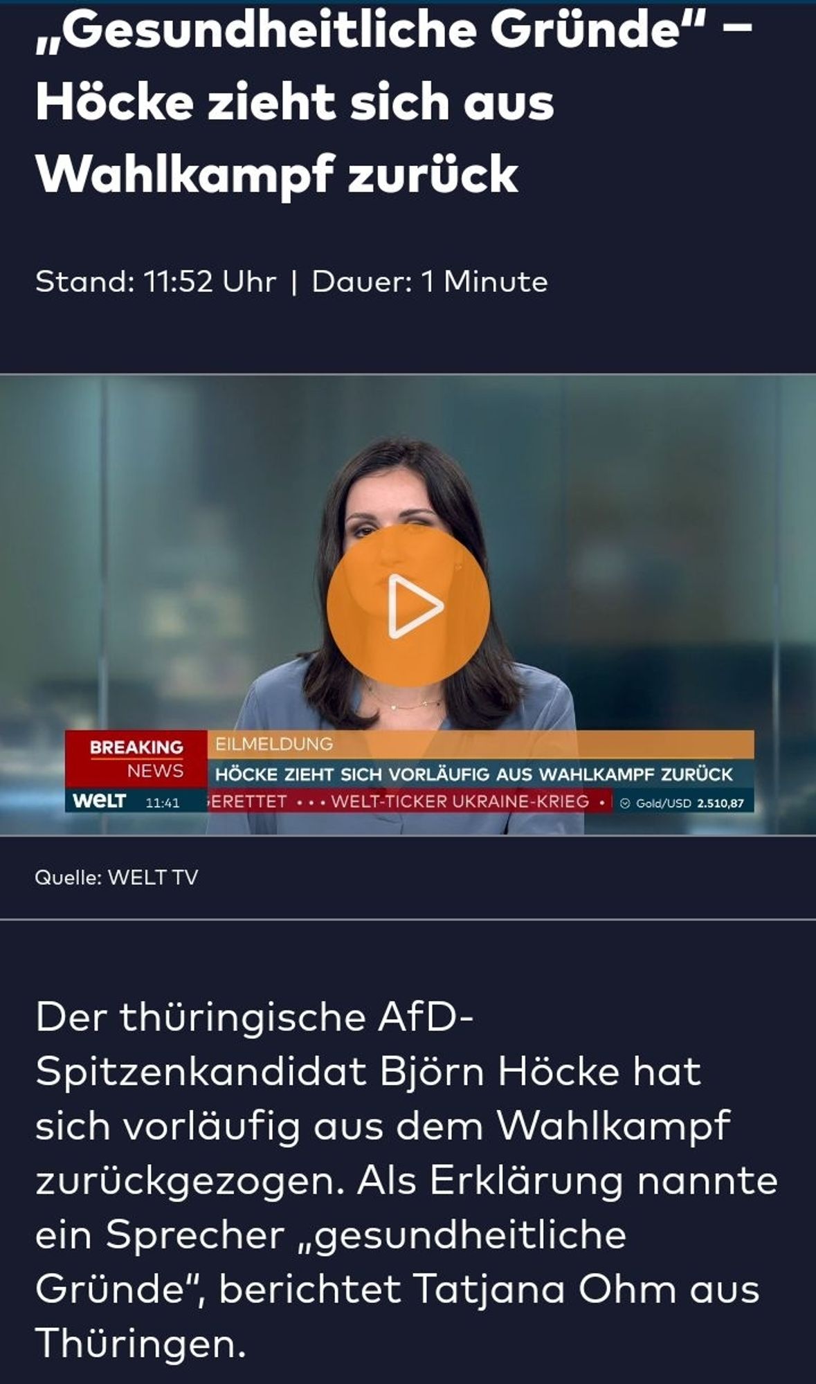 Screenshot 
„Gesundheitliche Gründe“ – Höcke zieht sich aus Wahlkampf zurück
Der thüringische AfD-Spitzenkandidat Björn Höcke hat sich vorläufig aus dem Wahlkampf zurückgezogen. Als Erklärung nannte ein Sprecher „gesundheitliche Gründe“, berichtet Tatjana Ohm aus Thüringen.