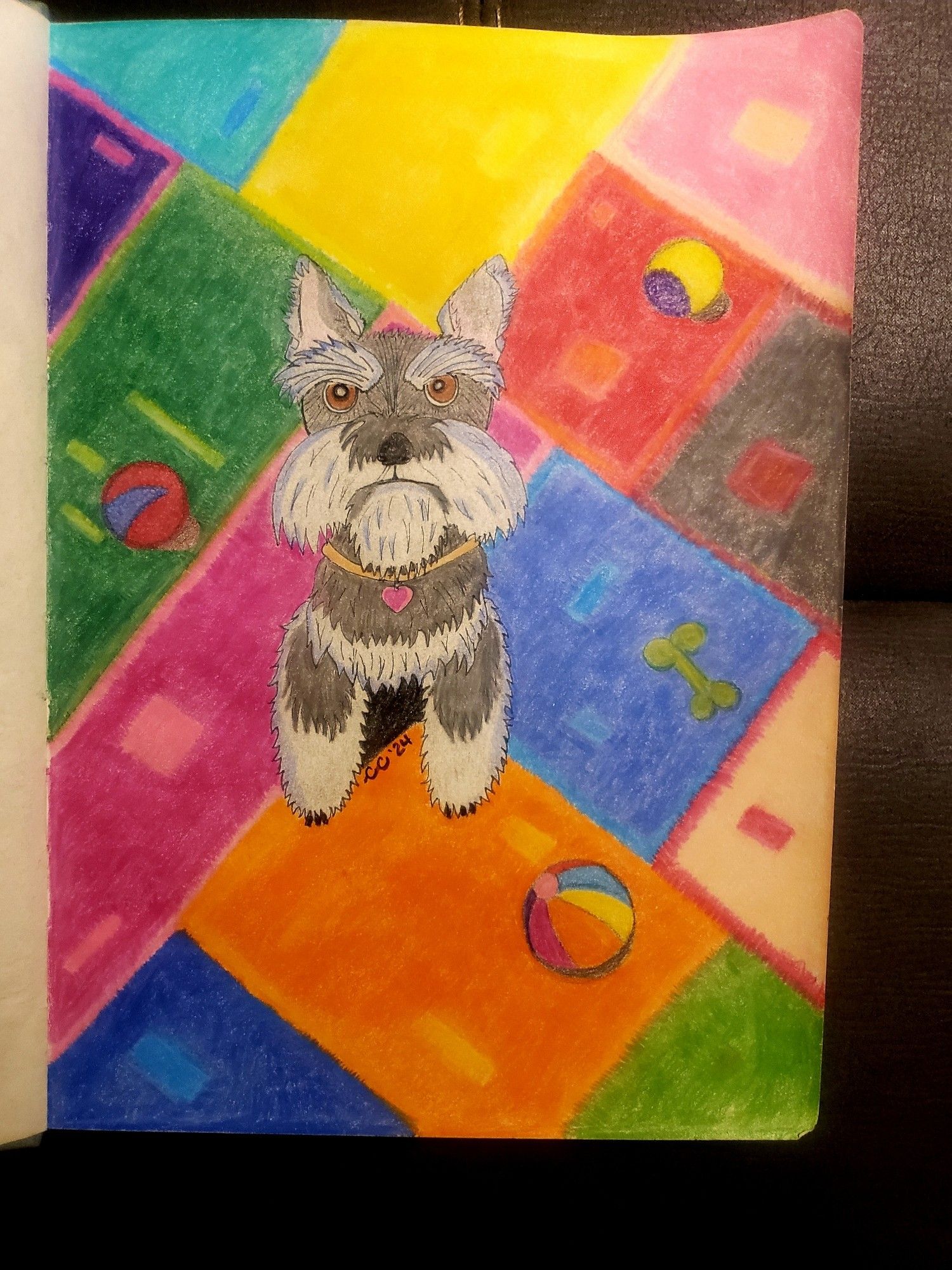 Colored pencil drawing of mini schnauzer on colorful rug, with a few random toys.