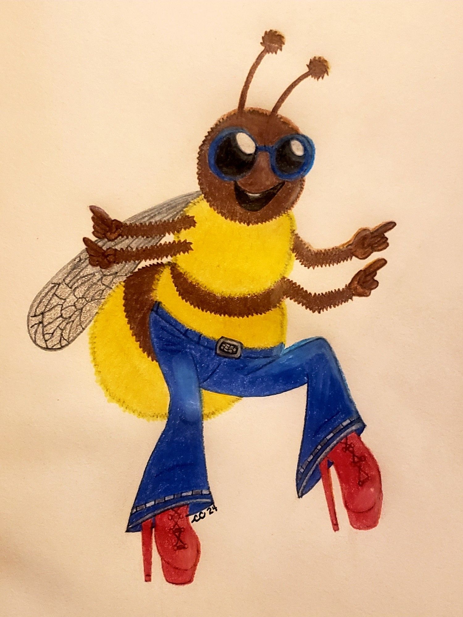 Drawing of bee wearing red disco shoes, blue bell-bottom jeans, and retro sunglasses