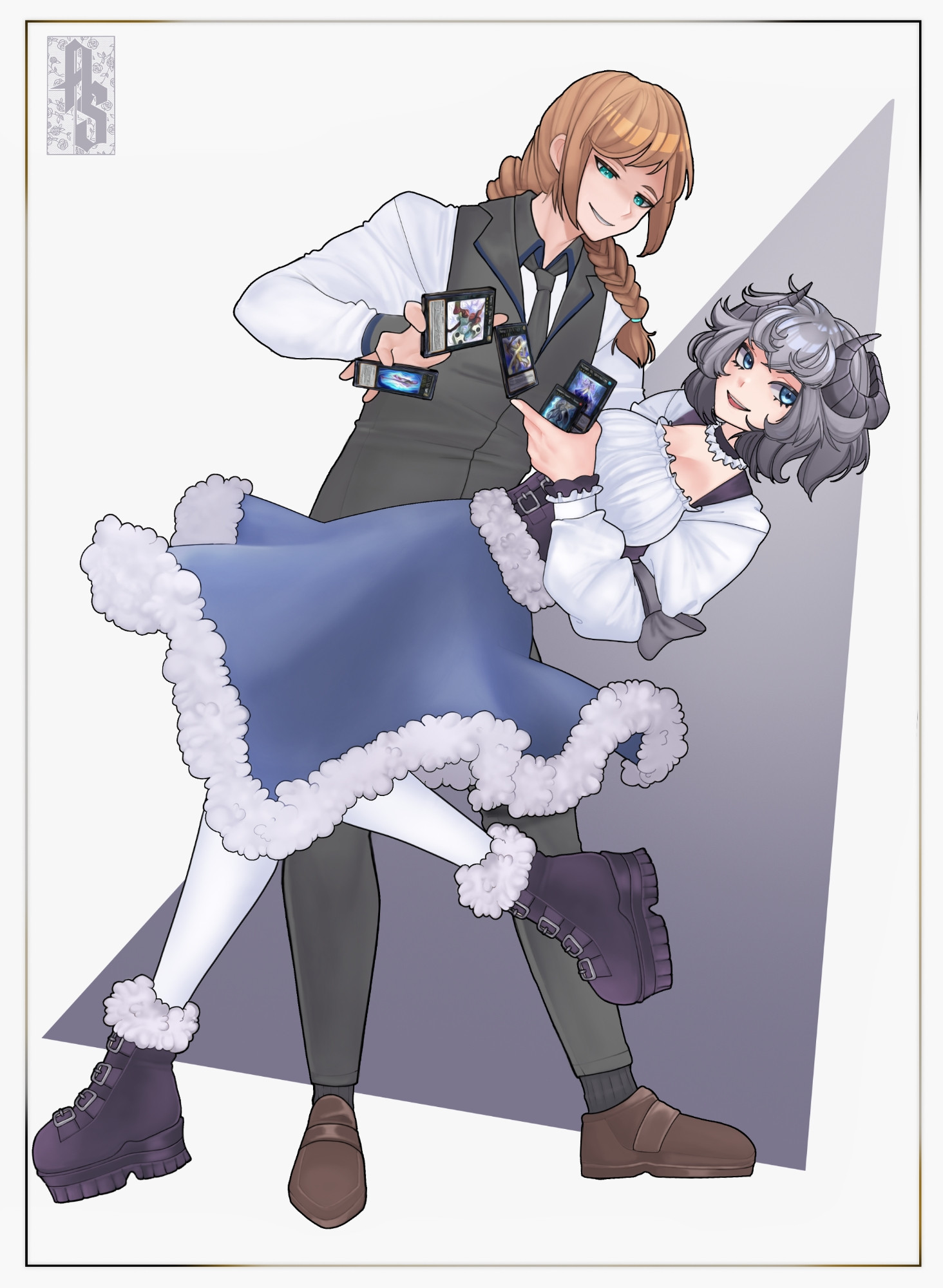 1 male and 1 female character are depicted in a dip pose. The male character is the original persona as Unlucky Zett; Wearing a black suit with long braided, brownish blond hair and leather loafers.

The female persona is the current Snowy, with grey hair, wearing a white blouse with frills and grey ribbons, and a pale-ish blue skirt with white fluffy trim.

Both personas are holding 5 Yu-Gi-Oh! Trading Card Game "Number" cards, arranged like the Five Faces of Sybil card trick. 