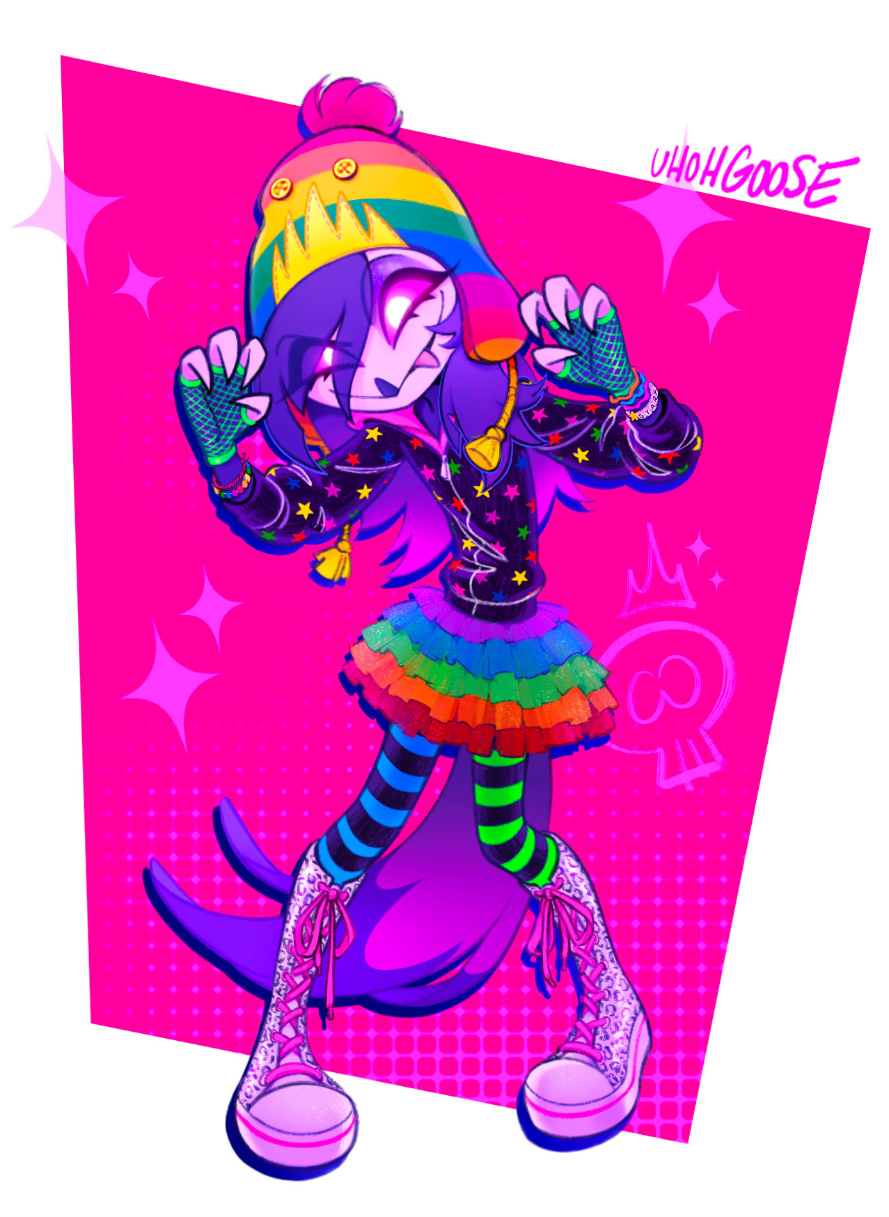 Tween Octavia posing in her neon rainbow scene outfit, with hands curled into claws and her tongue sticking out.
She’s wearing a rainbow, ear-flapped beanie, with button-eyes stitched over the crown-shaped patch to look like a roaring monster face.
On her raised arms are neon green fishnet gloves, and many colorful handmade bracelets. One of which spells STARFIRE.
Her black hoodie is patterned with rainbow stars. Under the hoodie poofs out a short, rainbow-tiered tulle skirt. She wears mismatched striped leggings, and her shoes are knee-high silver converse with a leopard print pattern and pink laces.
Though the major clothing pieces are rainbow, the composition is anchored in hot pinks, blacks, and purple lighting to keep it tied to Octavia’s classic colors.