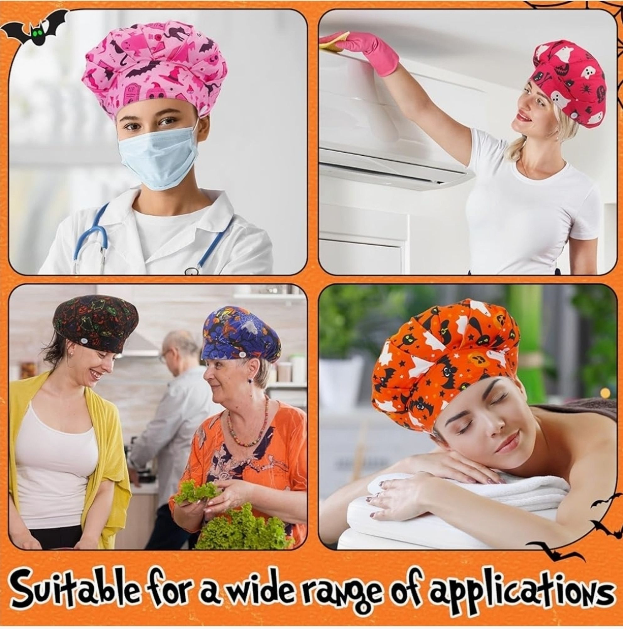 Four images of stock photos in which Halloween patterned scrub caps have been cut and pasted onto people's heads. The white coat person looks mostly normal, but the very happy blonde woman dusting the top of a wall, two white women in a kitchen with kale, maybe? and very relaxed woman evidently getting a massage, look extremely silly.