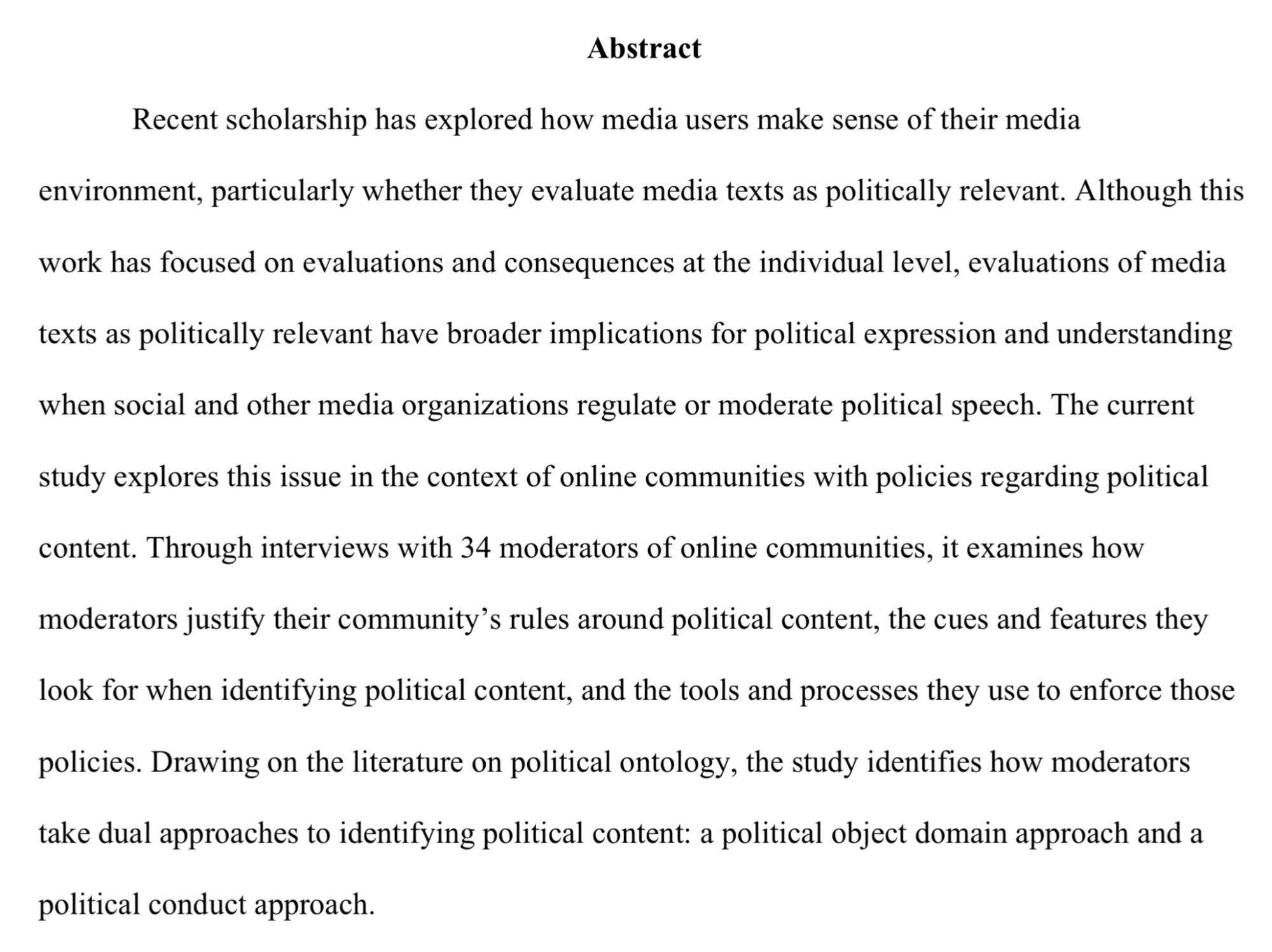 Abstract for “I Really Go with My Gut”: Political Ontology and How Moderators Identify Political Content in Online Communities