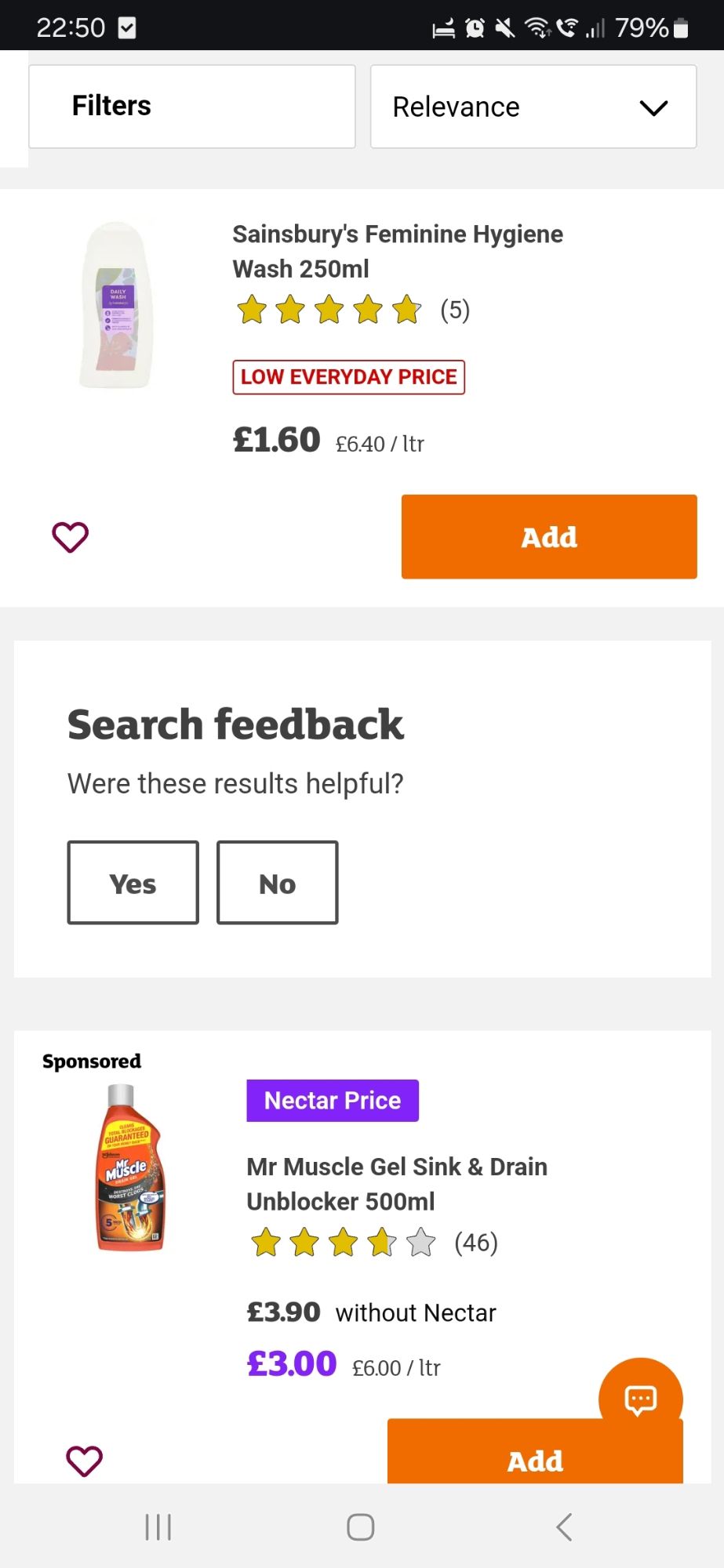 Sainsbury's online shop with the top result of a Feminine Hygiene Wash and the sponsored item below it Mr Muscle Sink & Drain Unblocker