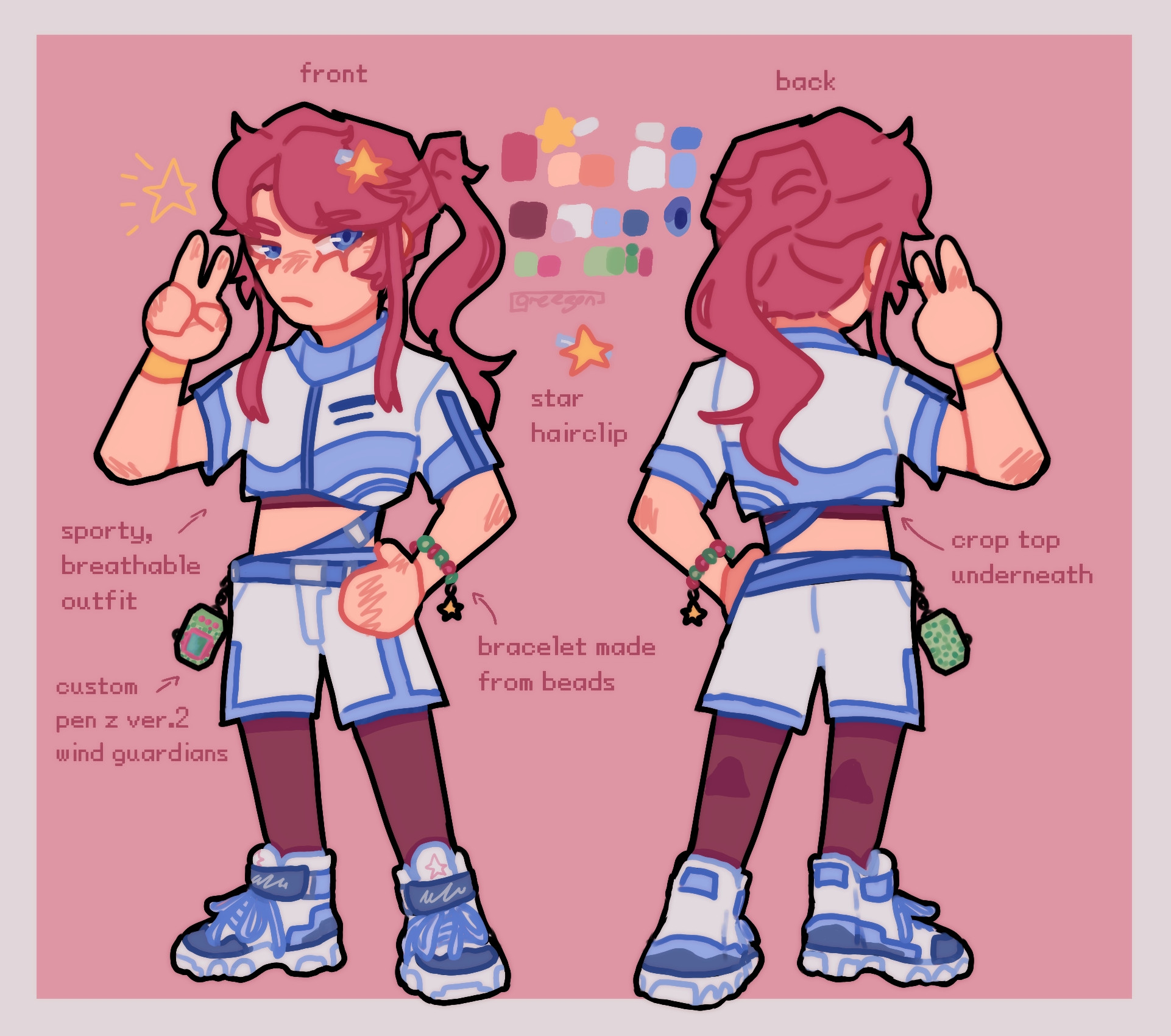 A full body reference of Stella. She wears sports wear and the main color palette is white, blue and pink. She has her pendulum Z on her right side and a small bracelet on her wrist. She's doing a peace sign and has a stoic expression.