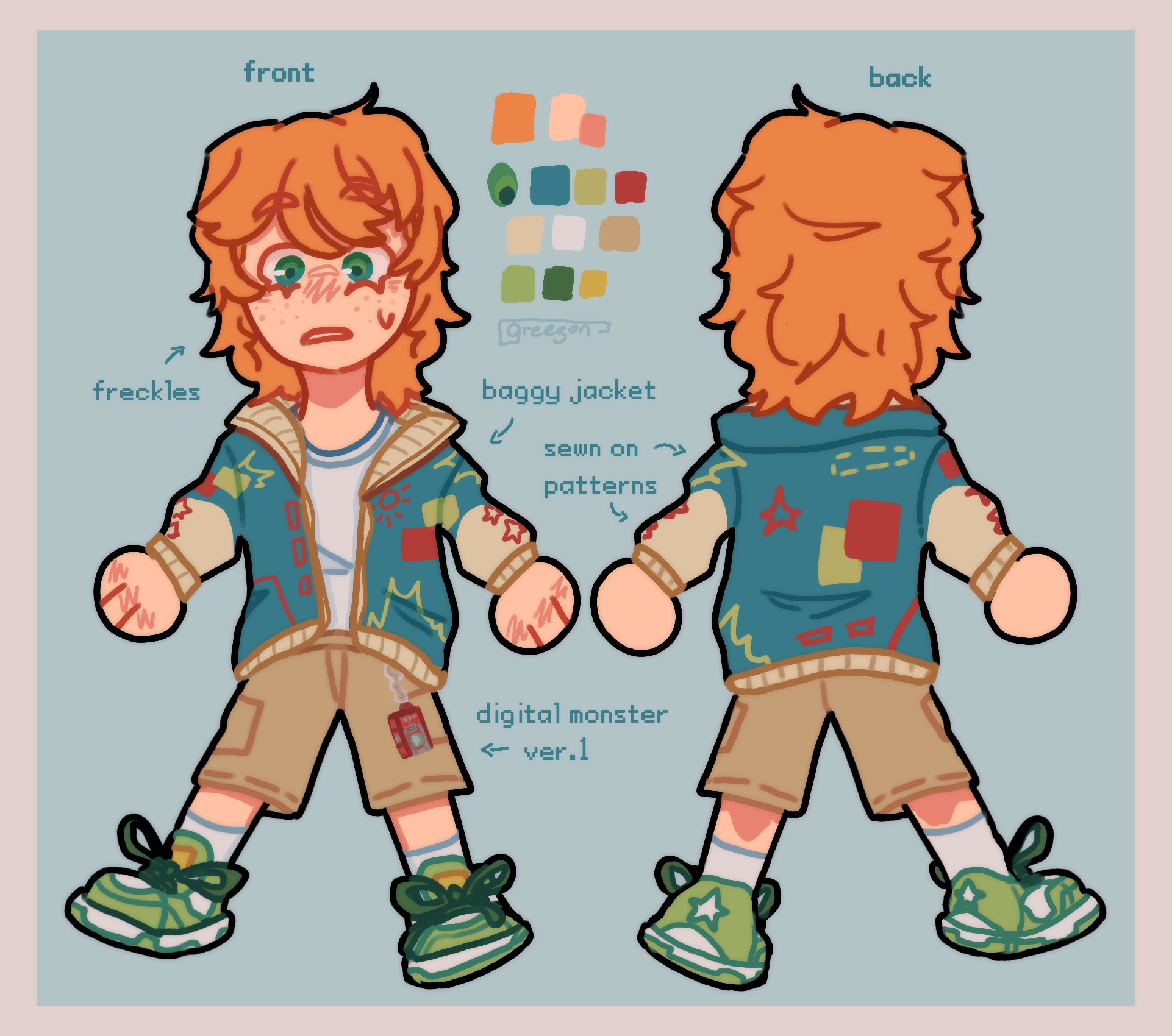 A full body reference of Theo. His main color palette is teal, green, orange and brown. He has his original digital monster v-pet hanging from the hip of his shorts. His jacket has sewn on patterns of stars, squares and lines. He has a surprised expression on his face.