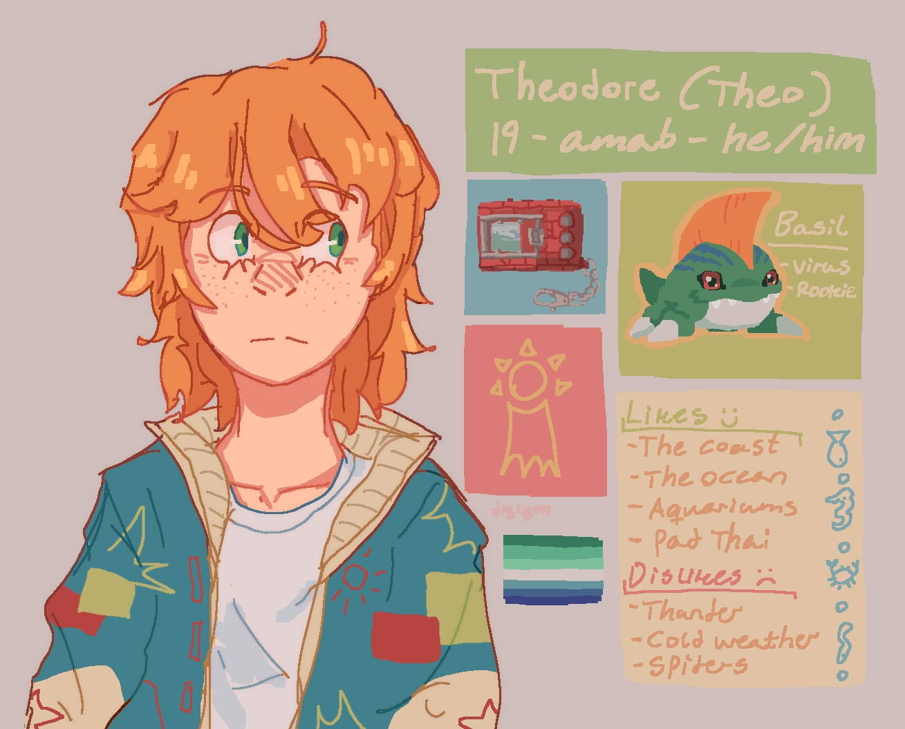 A reference sheet of my original character, Theo. He has orange hair, green eyes and freckles. Next to him is general info, as well as a drawing of his partner, Basil the Betamon.