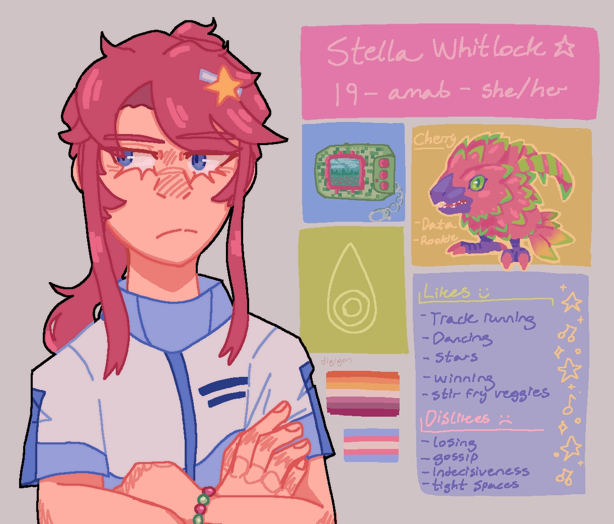 A reference sheet of my original character, Stella. She has pink hair in a ponytail, blue eyes and has a star hair clip. Next to her is general info, as well as an image of her digimon partner, Cherry the Pomumon.