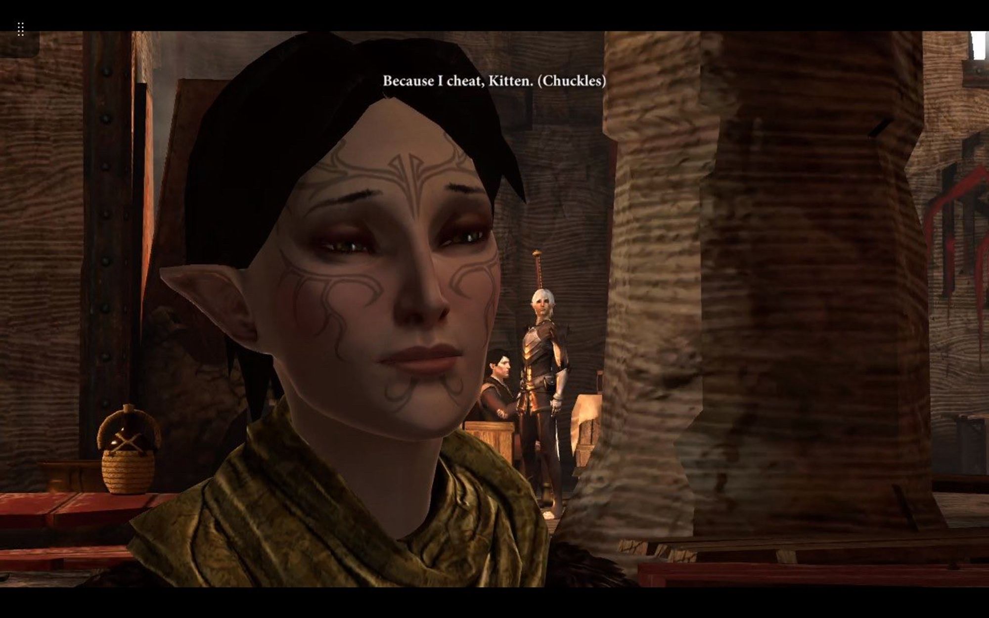 A screenshot from Dragon Age 2 in which Merrill is in the foreground and Feneris is in the background looking towards the conversation that Merrill and Isabela are having.