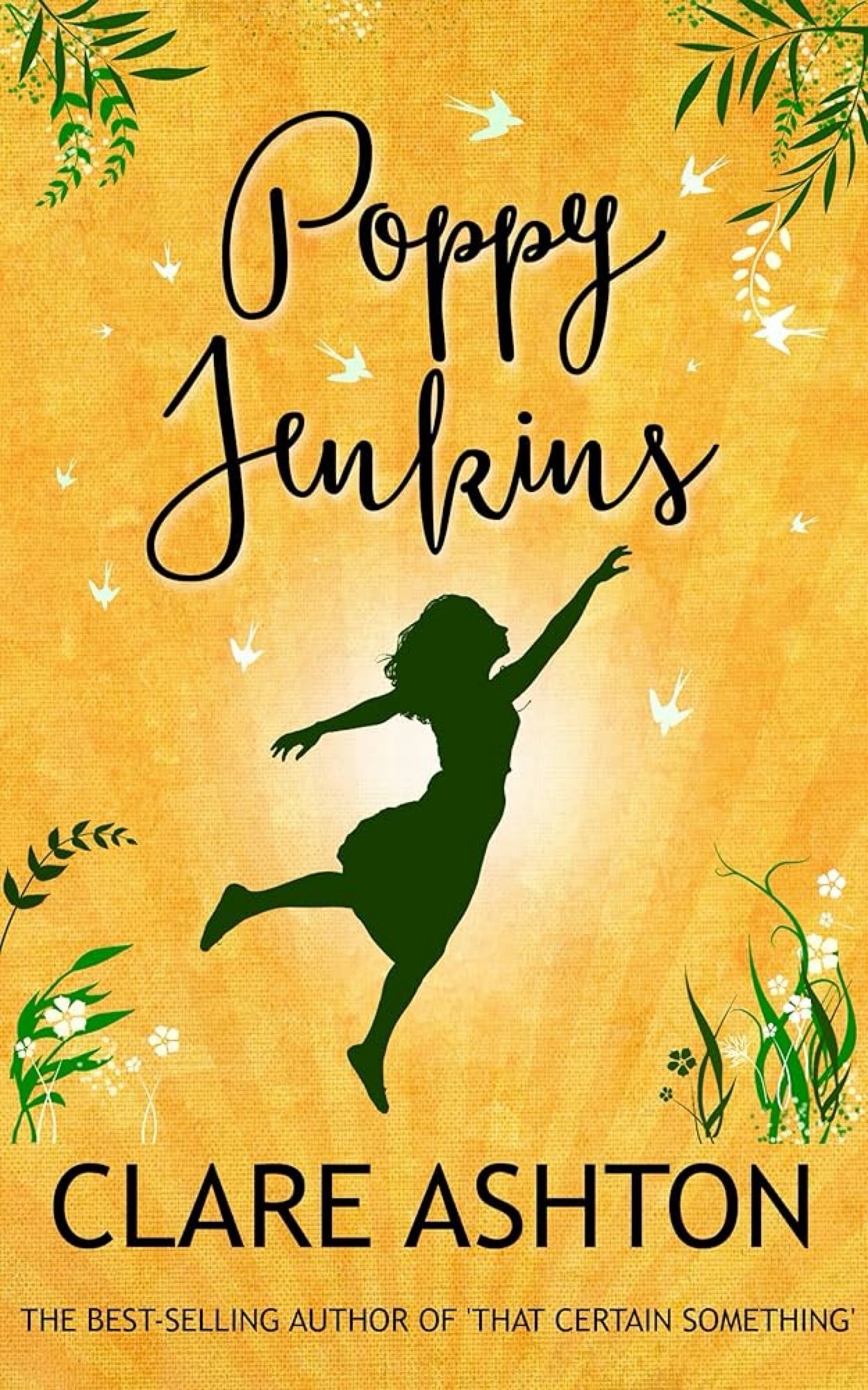 A yellow book cover with grass and plants growing around the sides. The silhouette of a woman looks like she is dancing in the air.