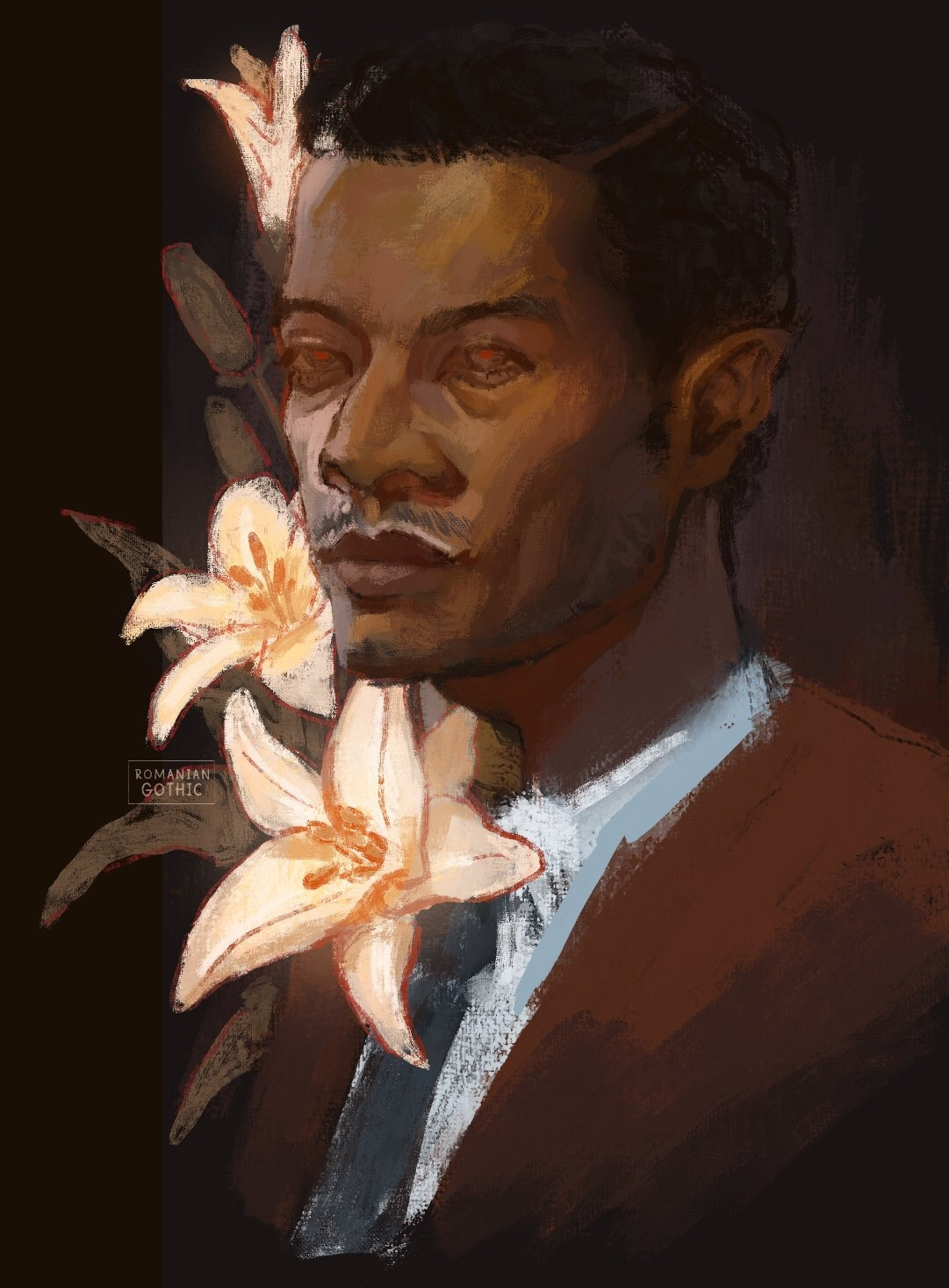  A digital painting of Louis de Pointe du Lac from AMC'S 'Interview with the Vampire'. He has a slight smile on his face and is surrounded by white lily flowers. 