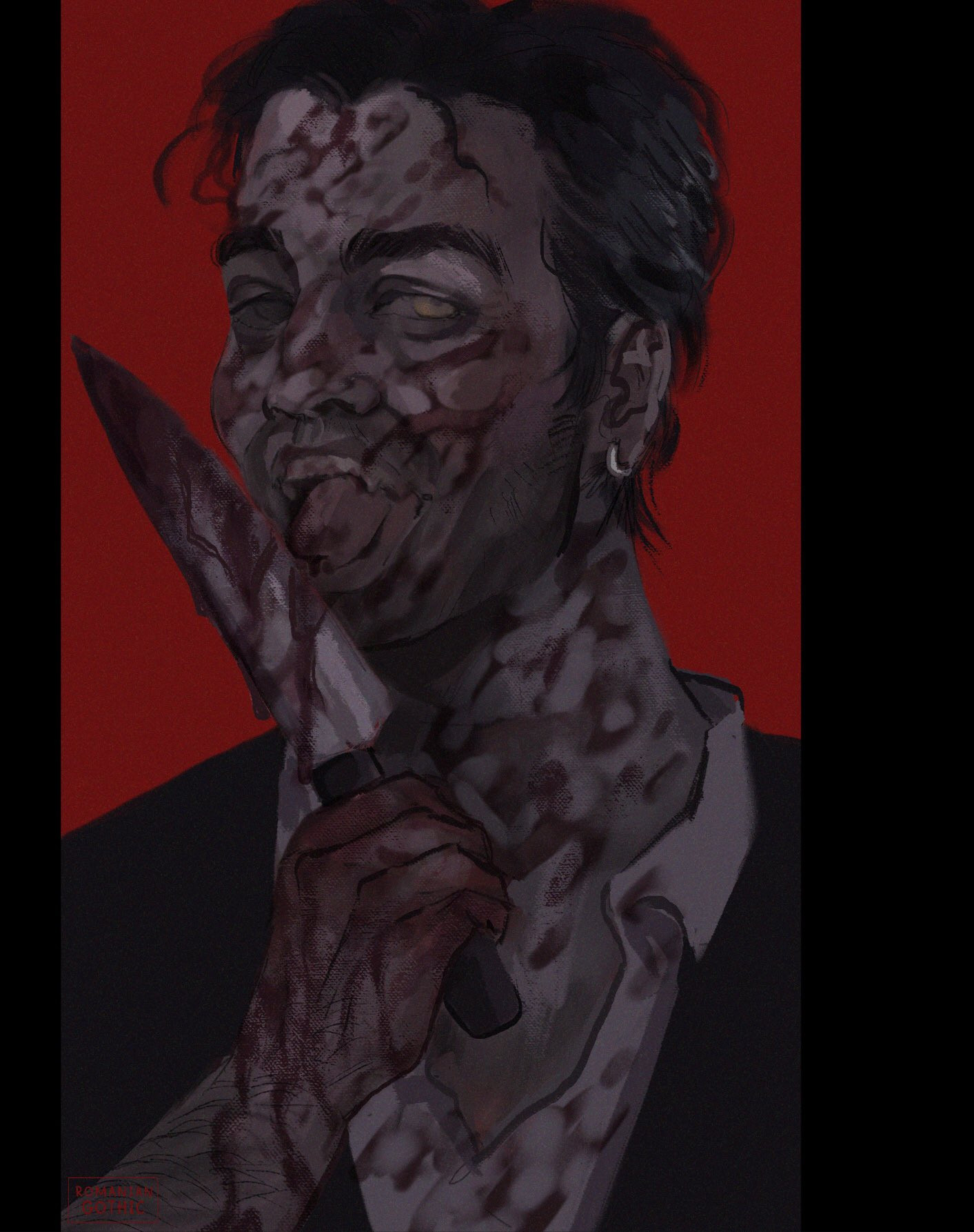 Digital drawing of the character Mr. Scratch from the series Alan Wake. He is licking a knife covered in blood and looking off screen.