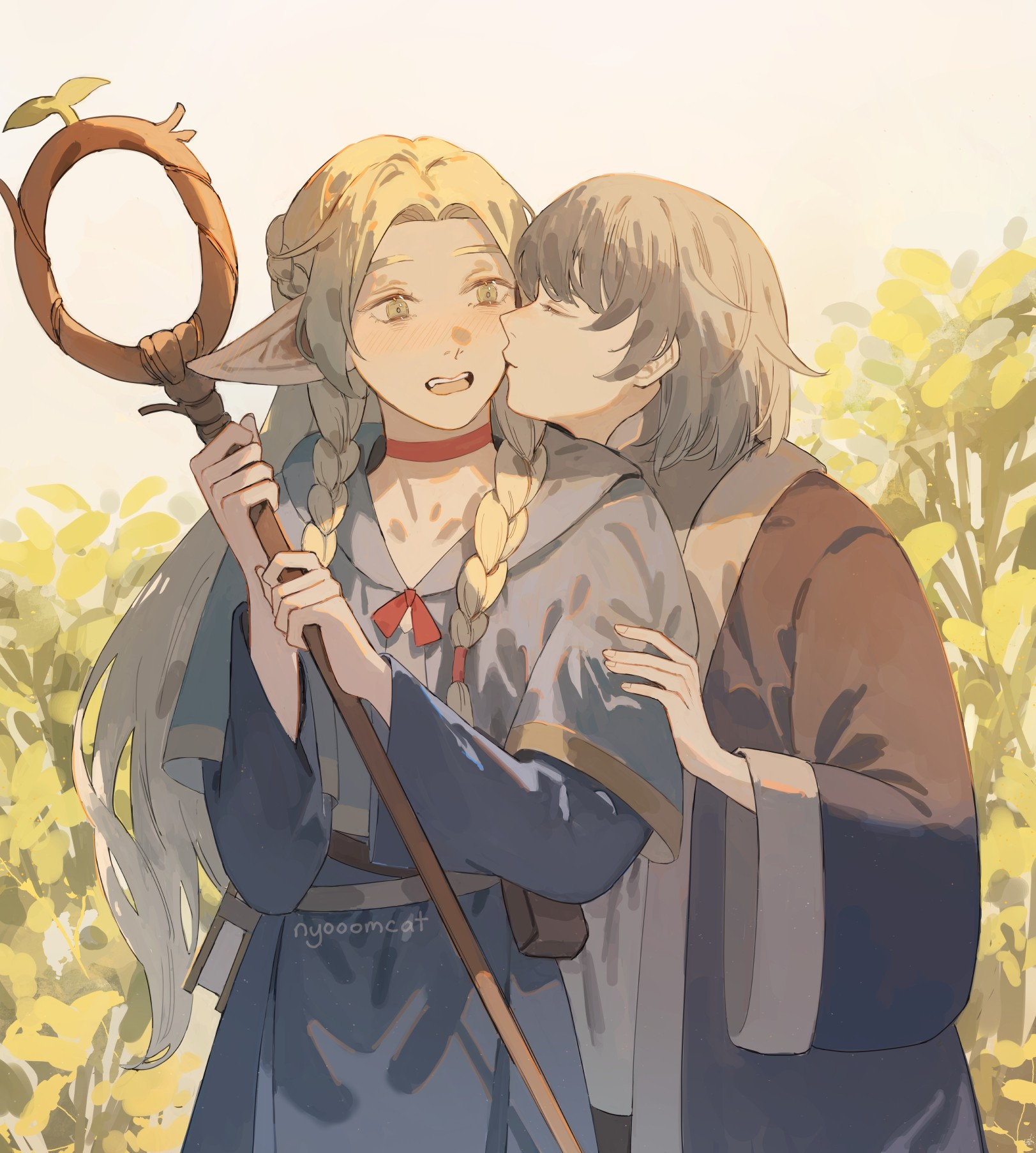 Dunmeshi Falin kissing Marcille on the cheek in a sunny green field