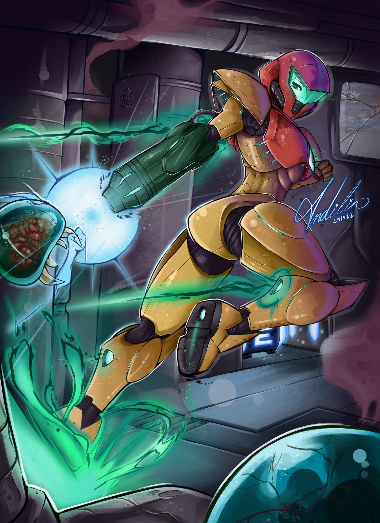 Samus Aran from Metroid: Zero Mission speed boosting down a hallway while shooting metroids with the ice beam.