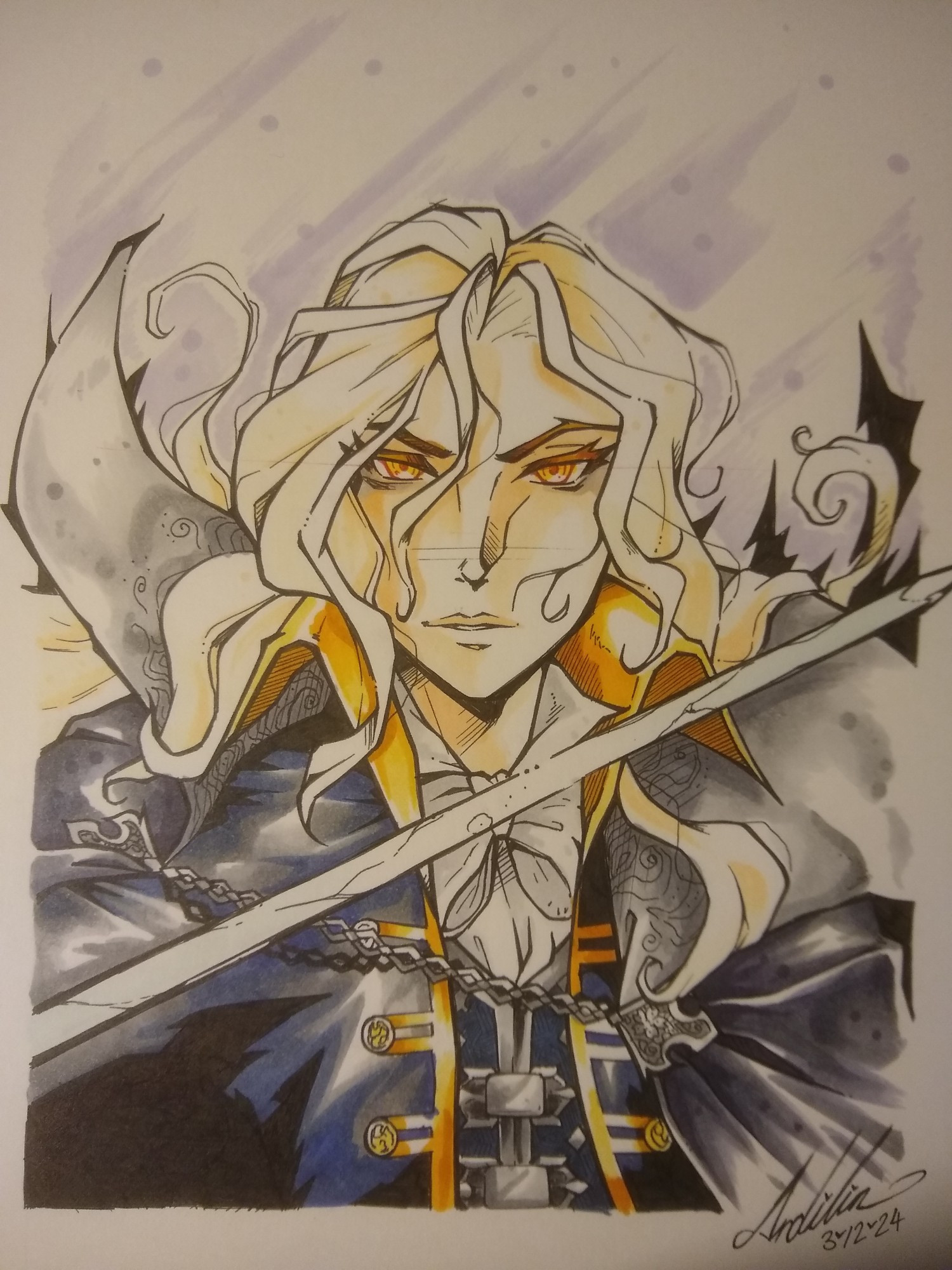 Copic marker drawing of Alucard from Castlevania: Symphony of the Night. His sword is held off page