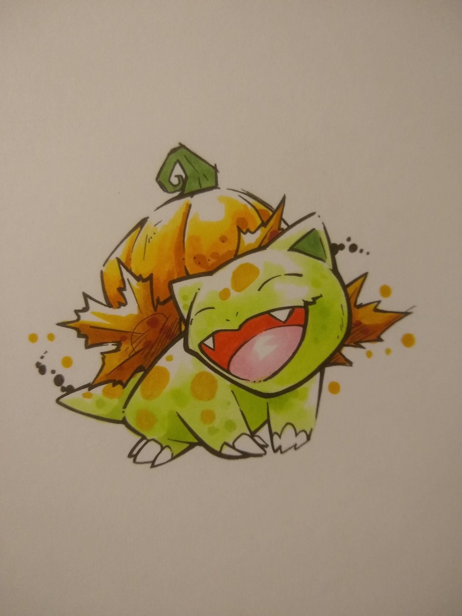 The Pokemon Ivysaur with a lighter color scheme, maple leaves and a pumpkin instead of its usual green leaves and pink flower bud.