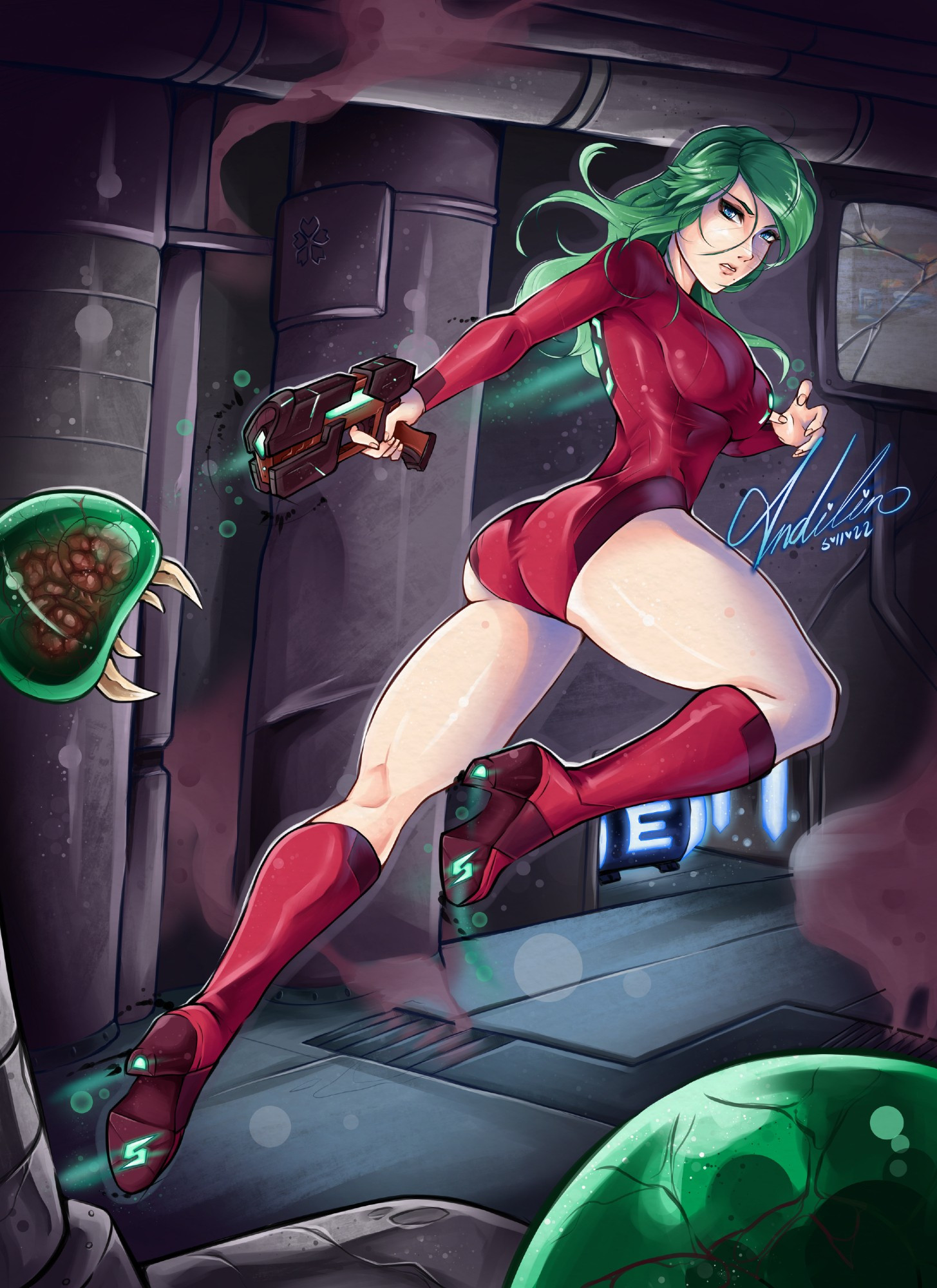 Samus Aran from Metroid: Zero Mission running down a hallway while shooting metroids with her handgun. She is not wearing her armor and is in her JB color scheme.