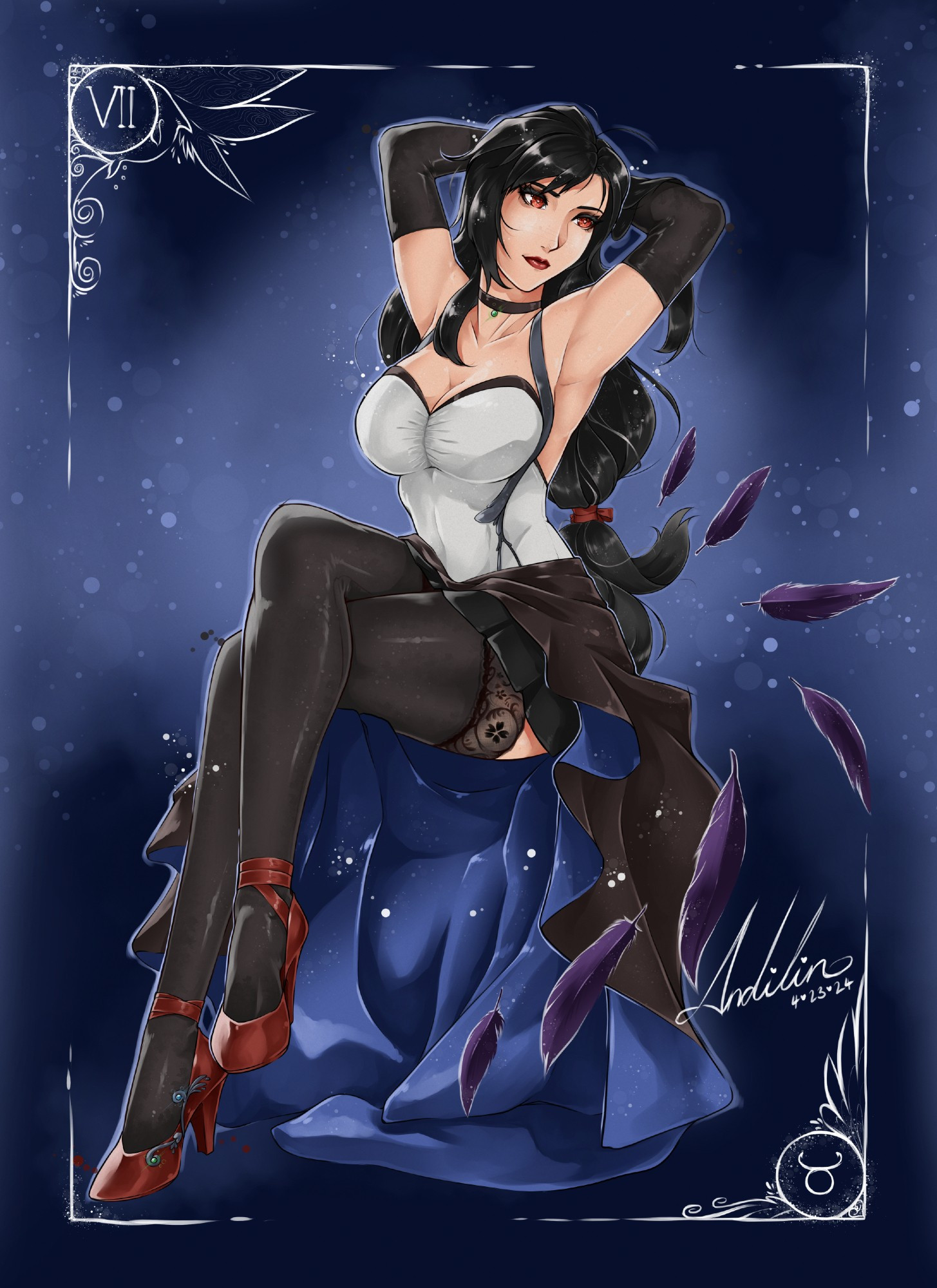 Tifa Lockhart from Final Fantasy VII wearing a dress based on her default outfit. Seven black chocobo feathers flow near her.