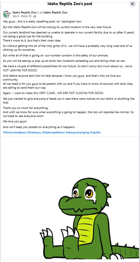 Screenshot of the Idaho Reptile Zoo announcing its temporary closure. The image they attached to this post is a sad alligator version of my fursoa, Askir, drawn by ‪@nx42.bsky.social‬