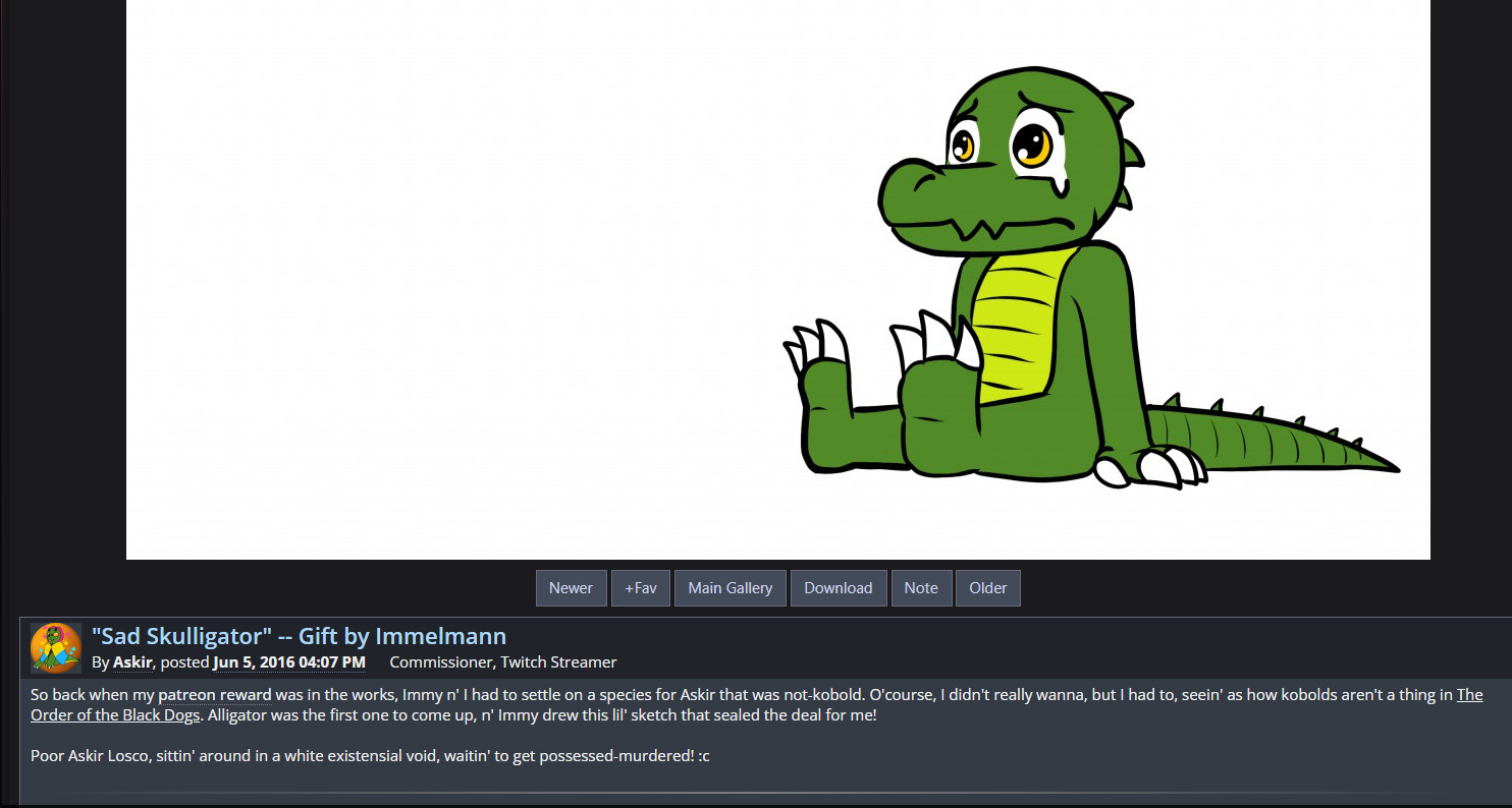 Cropped screenshot of my FurAffinity upload of the sad alligator version of my fursona, demonstrating its public accessiblity. Art by ‪@nx42.bsky.social‬