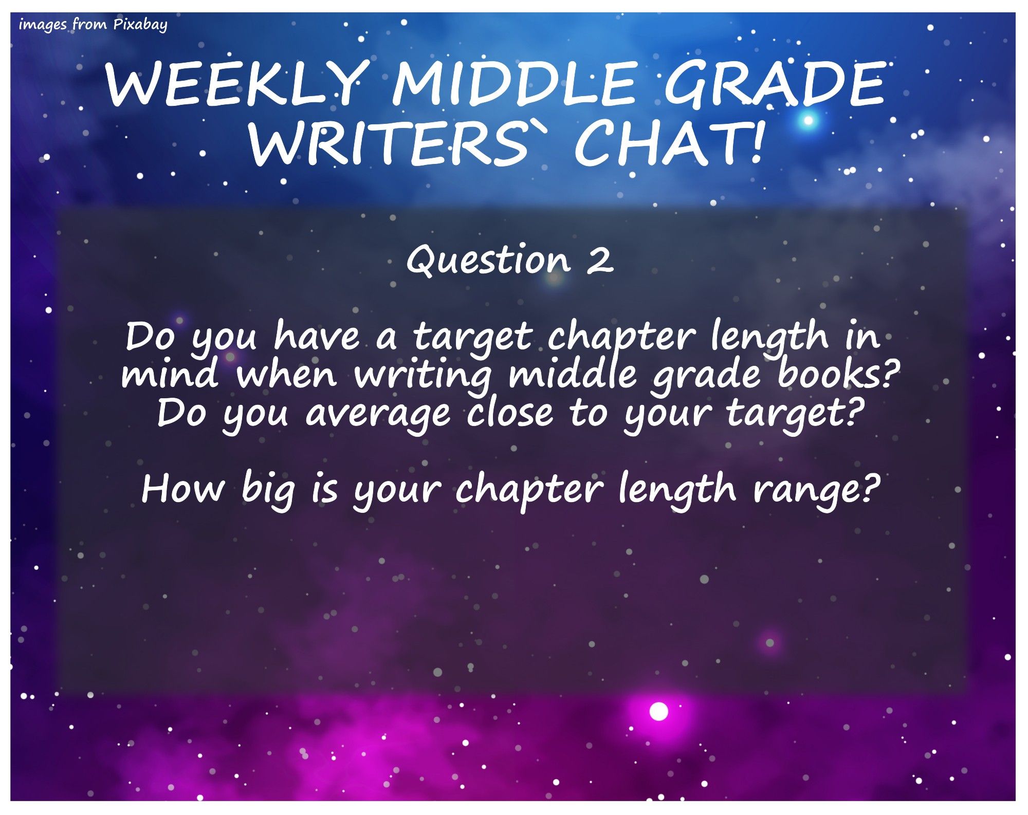 Question 2  Do you have a target chapter length in  mind when writing middle grade books? Do you average close to your target?  How big is your chapter length range?