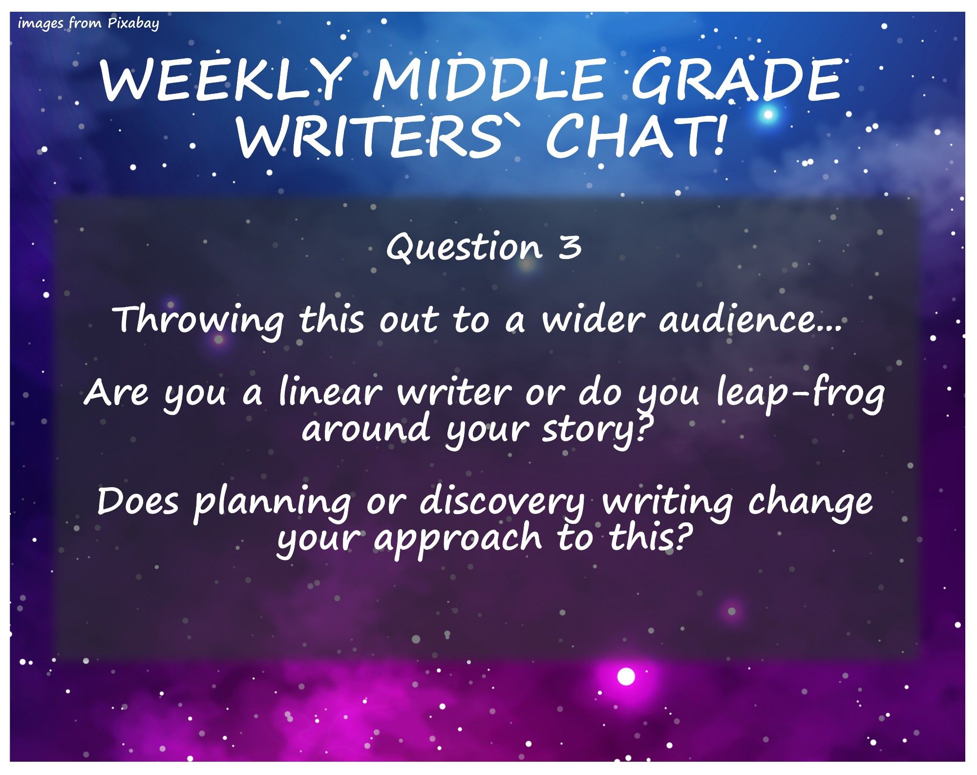 Question 3  Throwing this out to a wider audience...   Are you a linear writer or do you leap-frog around your story?   Does planning or discovery writing change your approach to this?