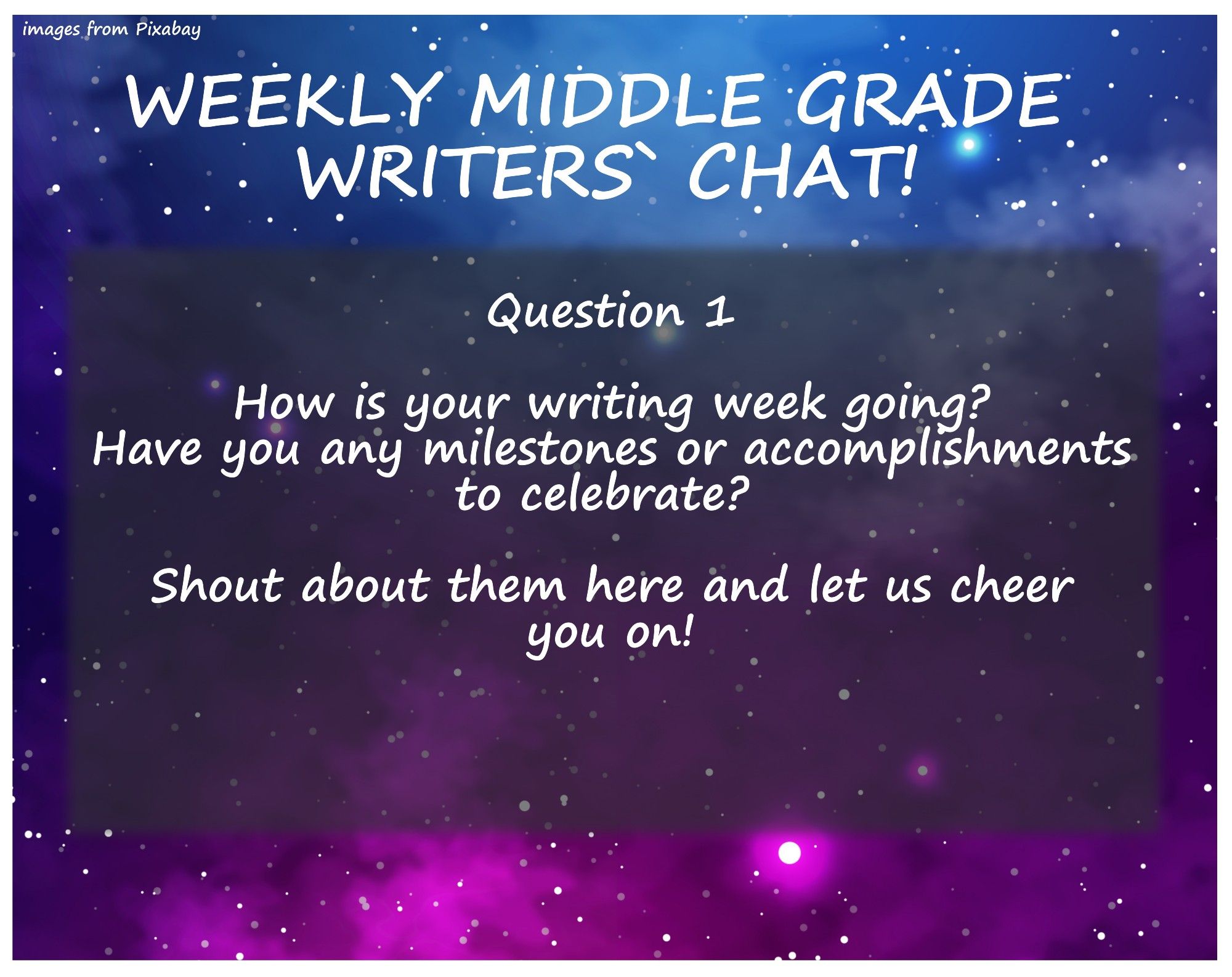 Question 1  How is your writing week going? Have you any milestones or accomplishments to celebrate?   Shout about them here and let us cheer you on!