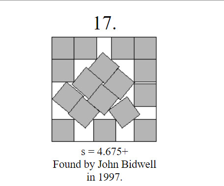 a diagram of the most efficient way to fit 17 squares into a larger square, found by john bidwell in 1997