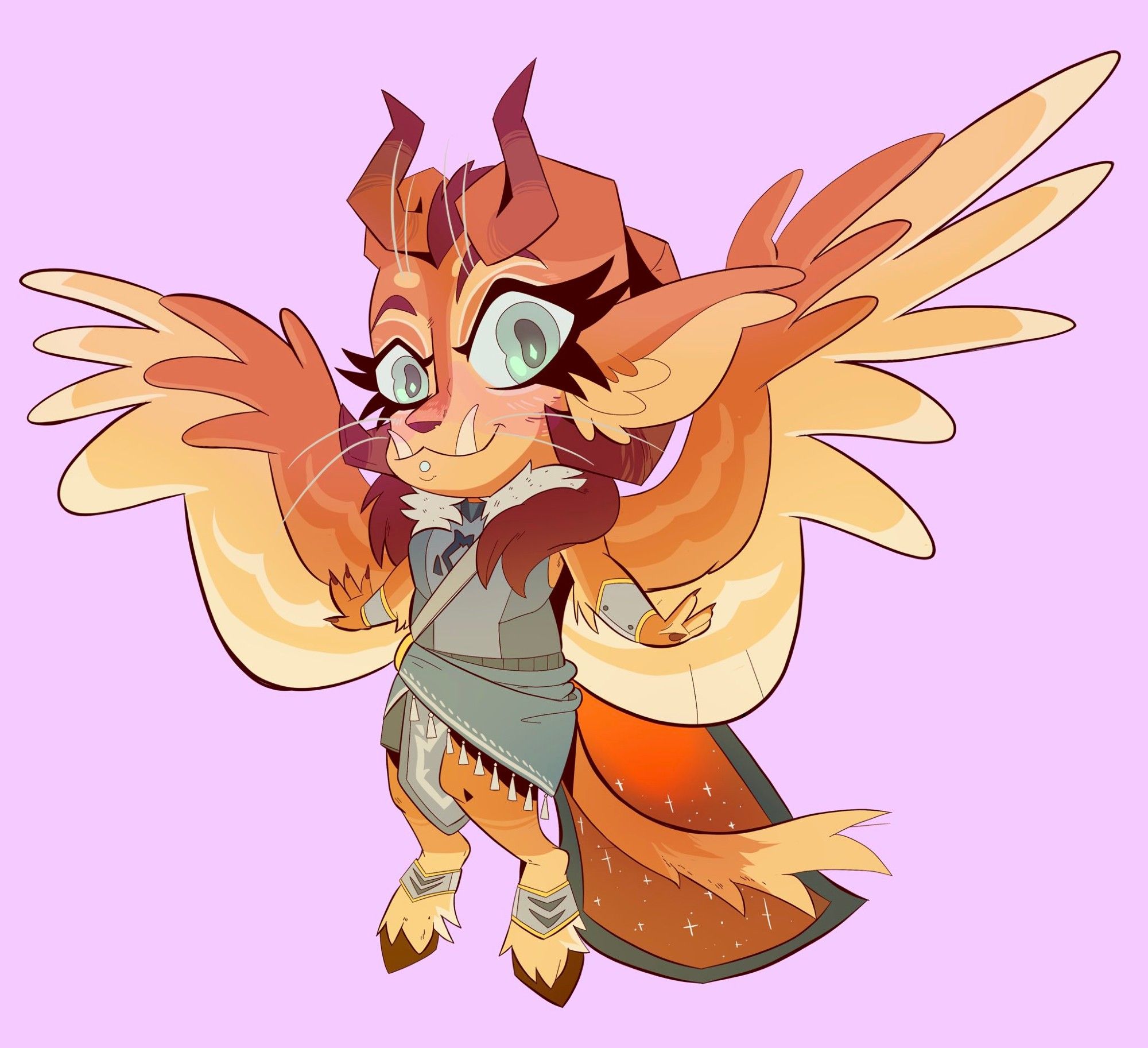 Esteem the feral tiefling in a chibi style. She is furry and feathered orange and red tiefling that looks like a cat. Her wings and arms are spread open as she looks over to the right while her body faces left.